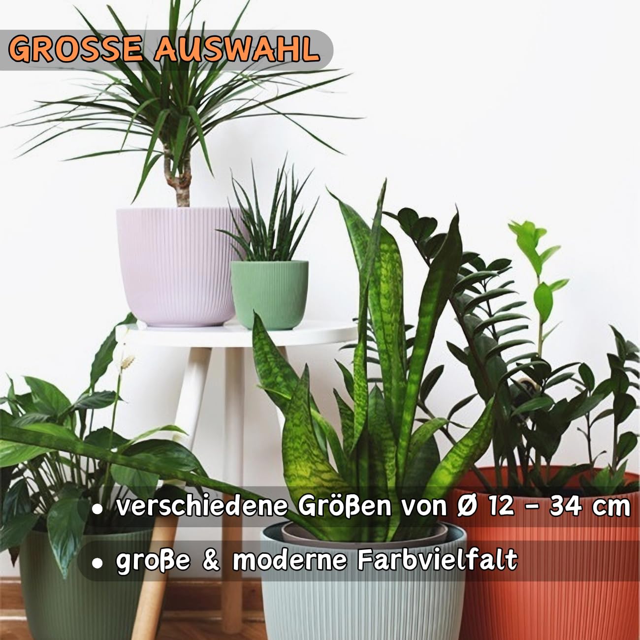 3 x Blumentopf mit Drainagesystem, Moos-Grün, Rillenoptik, Pflanz-Topf, Kübel, modern, widerstandsfähig, rund, wetterfest, Kunststoff, Ø 29 cm, 13 Liter