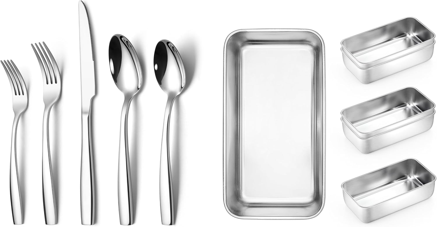 Onader Stainless Steel Bread Loaf Pans Set of 6 Deep Meatloaf Pan for Baking 9 x 5 Inch and 40 Piece Heavy Duty Silverware Set Stainless Steel Flatware Cutlery Set for 8