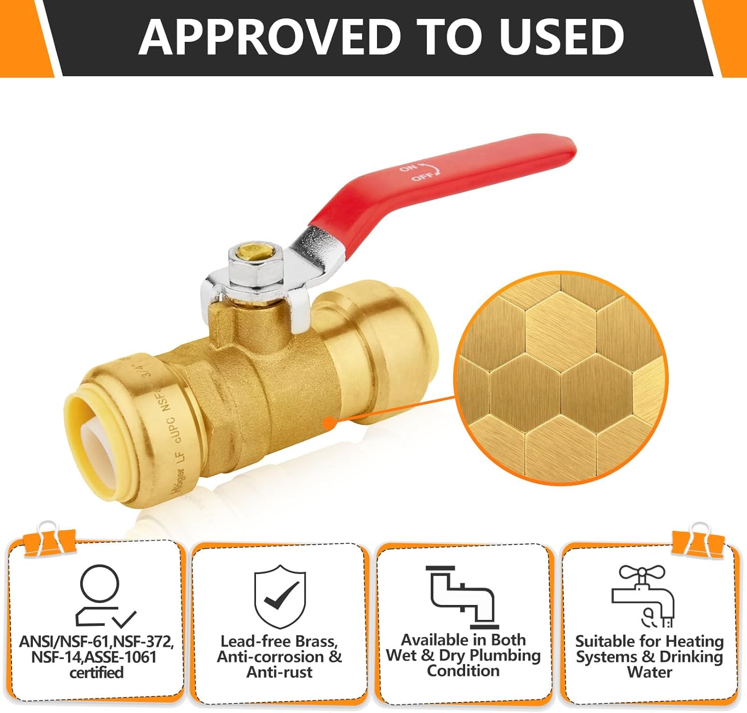 2-PCs HeSun Push Fit Ball Valve, 1-Inch Push-to-Connect Full Port Shut-off Valve for Hot and Cold Water,with 1 Disconnect Clip, PEX,Copper,CPVC, Red(PF-VALVE019-2)
