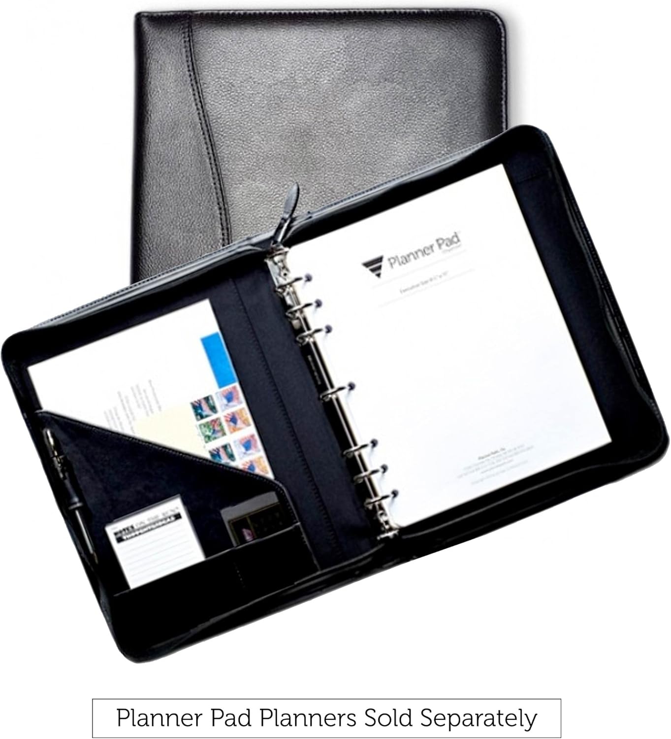 Planner Pad 7 Ring Loose Leaf Executive Size Cover, Fits 8 1/2” x 11” Size Planner Pages, Black Faux Leather