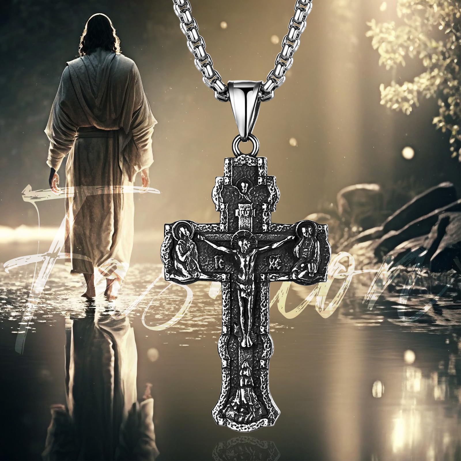 JewelryWe Collana con Pendente Orthodox Croce in Acciaio Inossidabile per Uomo Donna Regalo Natale