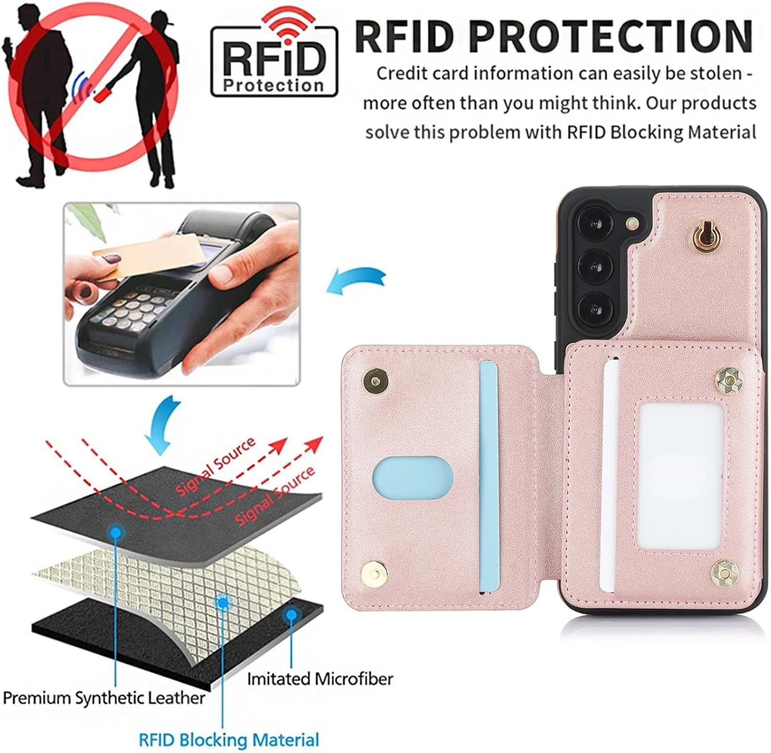 Case for Samsung S23Ultra Crossbody Lanyard Zipper Cards Kickstand Bag Pocket Purse Cover(for Samsung S23Ultra/Rose Gold)