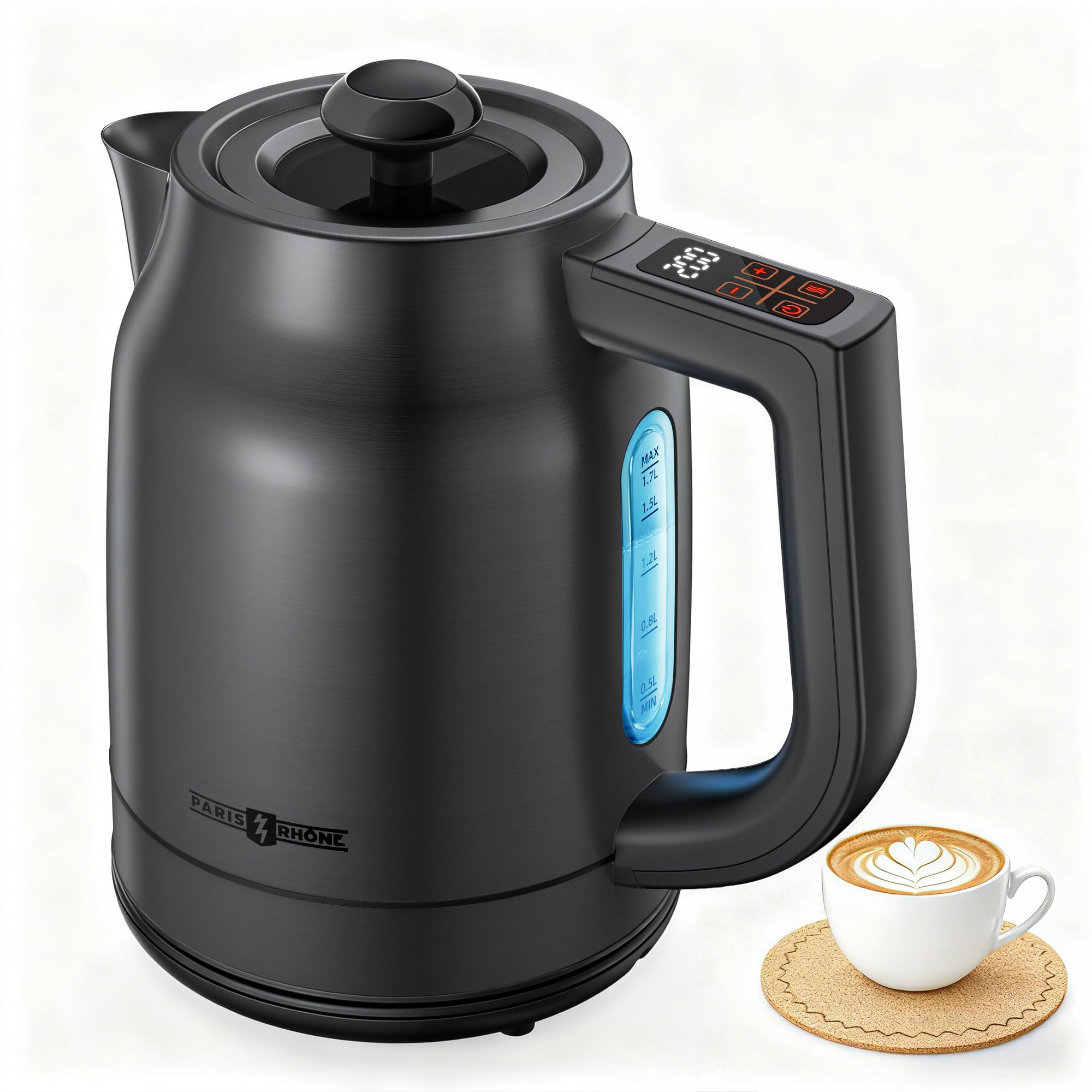 Paris Rhône Electric Kettle Stainless Steel Interior Double Wall, Wide-Open Lid 1.5L 1500W Electric Kettles for Boiling Water, BPA Free Tea Kettle Water Boiler, Auto Shut-Off, Boil-Dry Protection