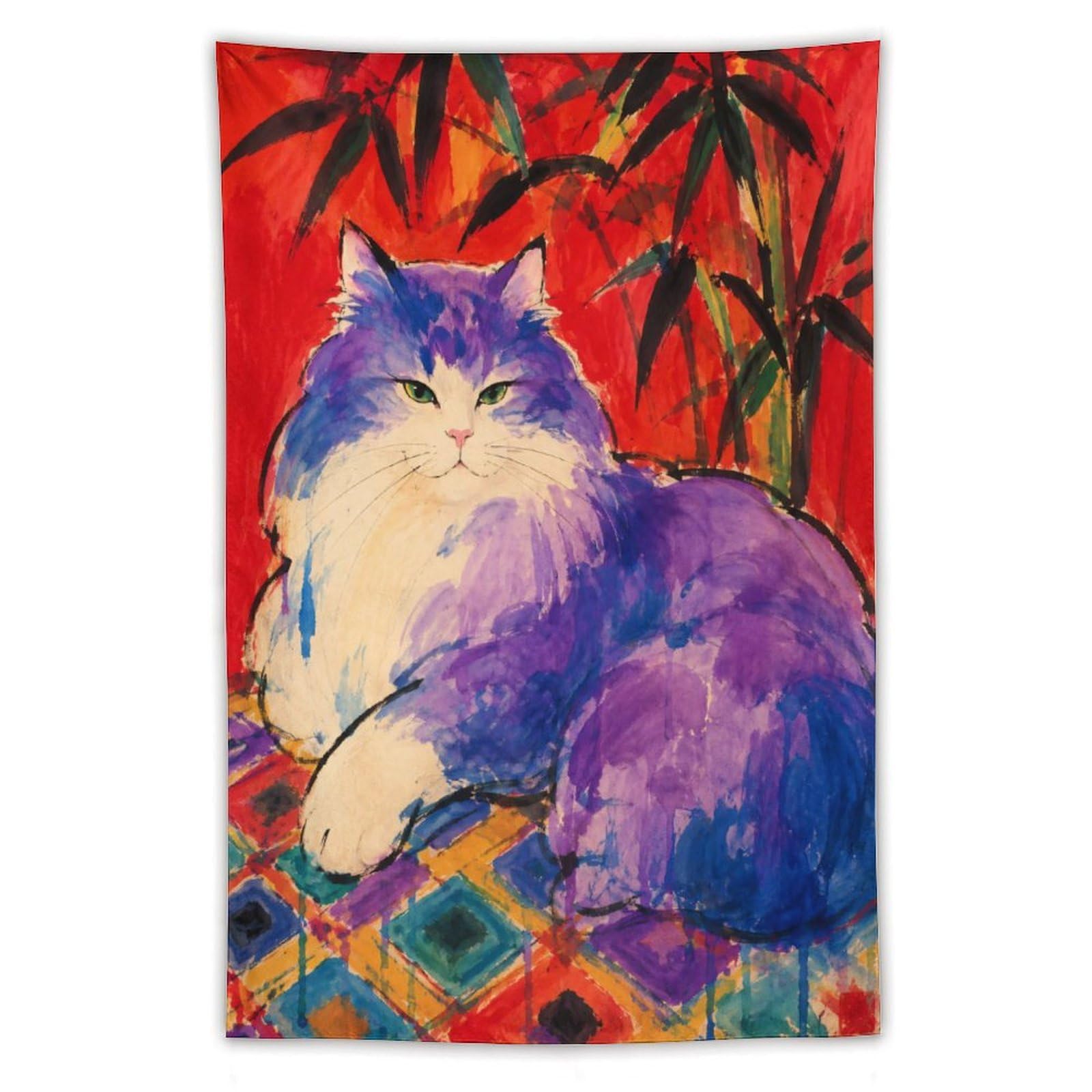 H3B8U2Y5 Colorful Cat on Rug Wall Tapestry, Realistic Illustration
