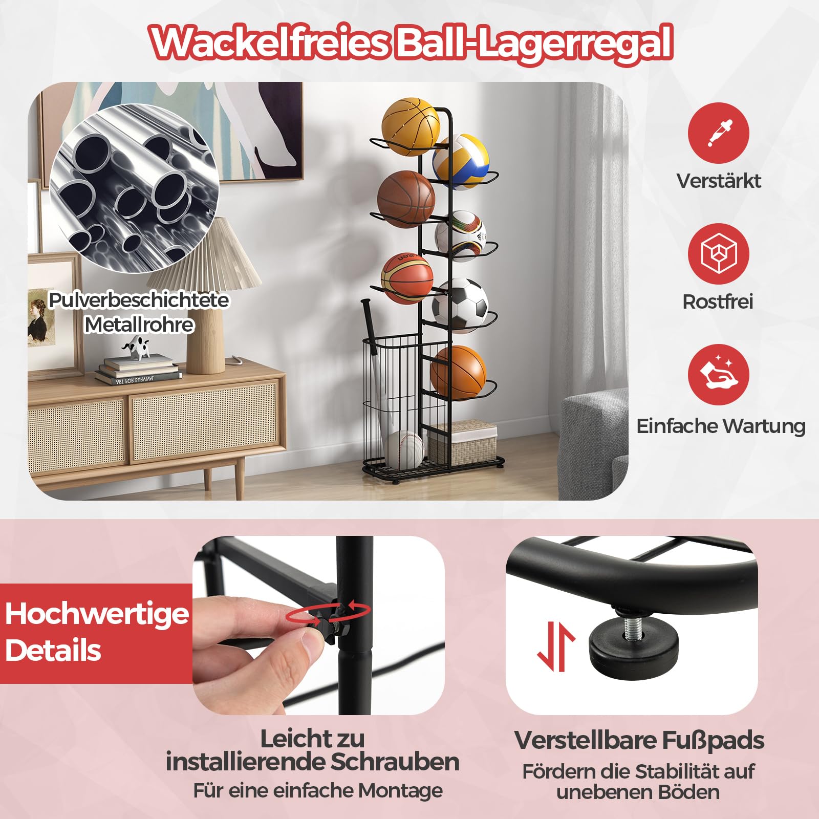 COSTWAY 7-stufiger Ballständer, Basketballhalter aus Metall mit abnehmbaren Hängestangen & Augbewahrungskorb, Sportgeräte-Organizer Ausstellungsständer für Garage, Zuhause