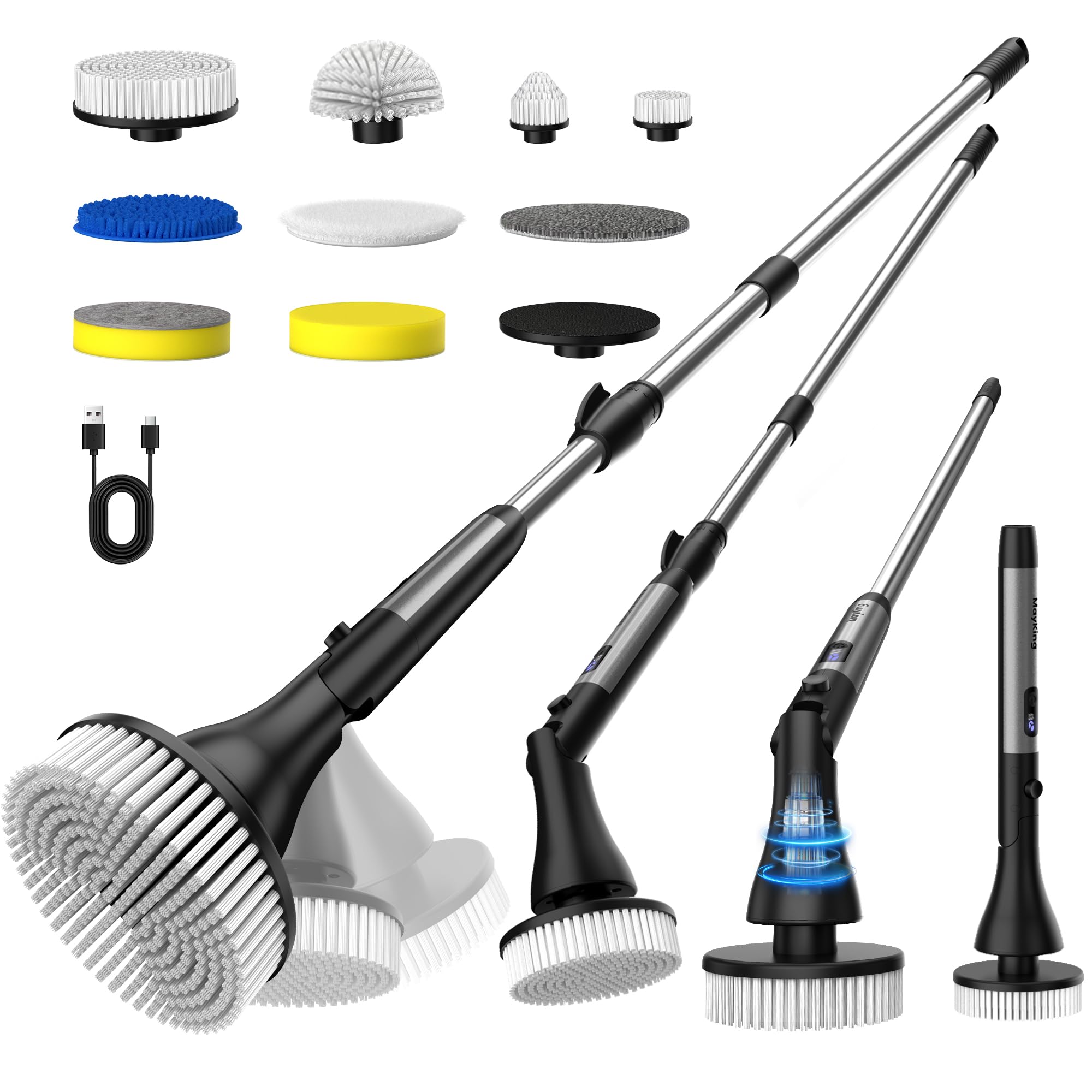 MayKing Electric Spin Scrubber with 9 Brush Heads 3-Angle 4-Length Adjustable Cordless Power Scrubber 3-Speed Battery LED Display