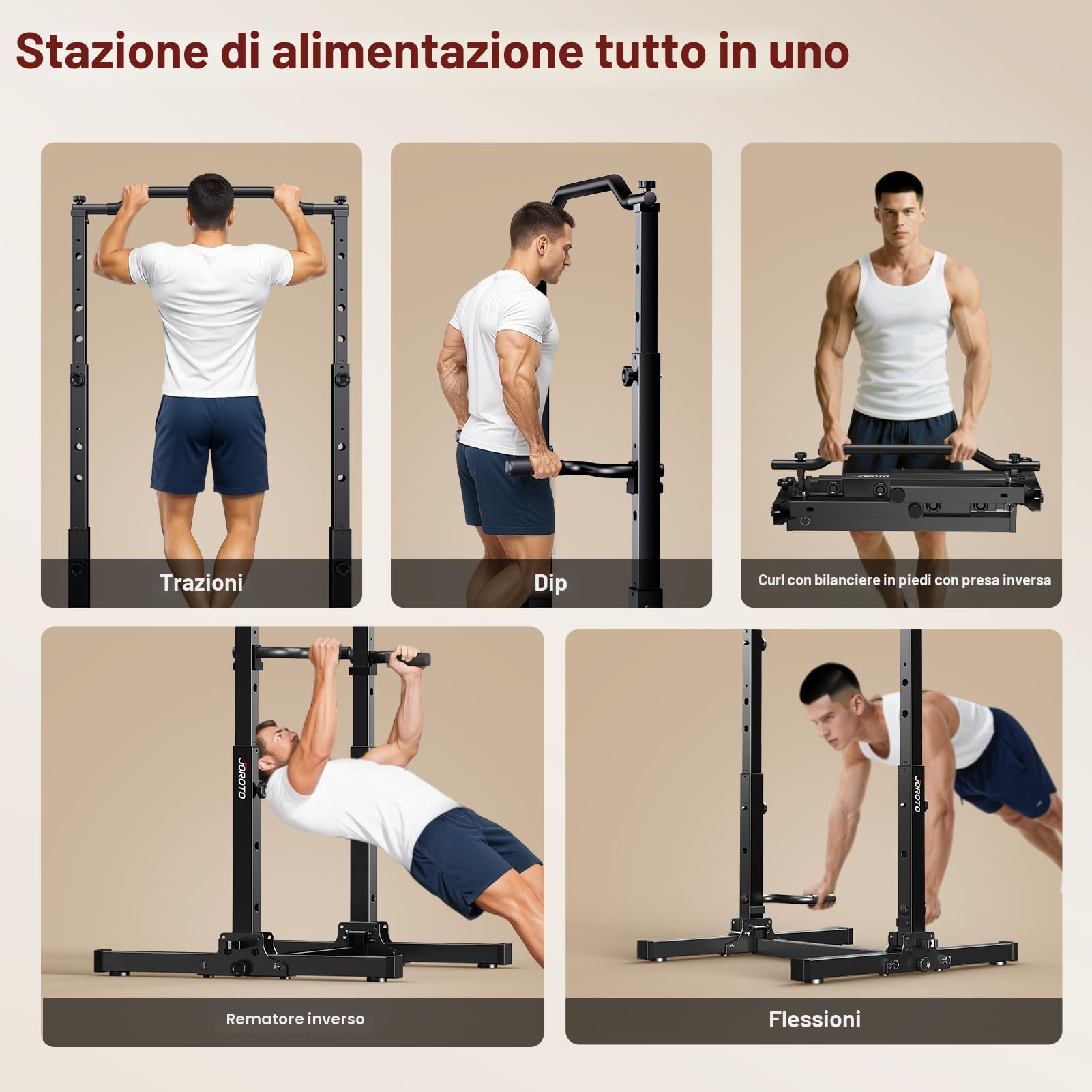 JOROTO Pieghevole Power Tower Dip Station, Regolabile in Altezza, Sbarra per Trazioni Autoportante, 5 in 1 Stazione di Allenamento per Palestra Domestica Multifunzione, Capacità di 172KG