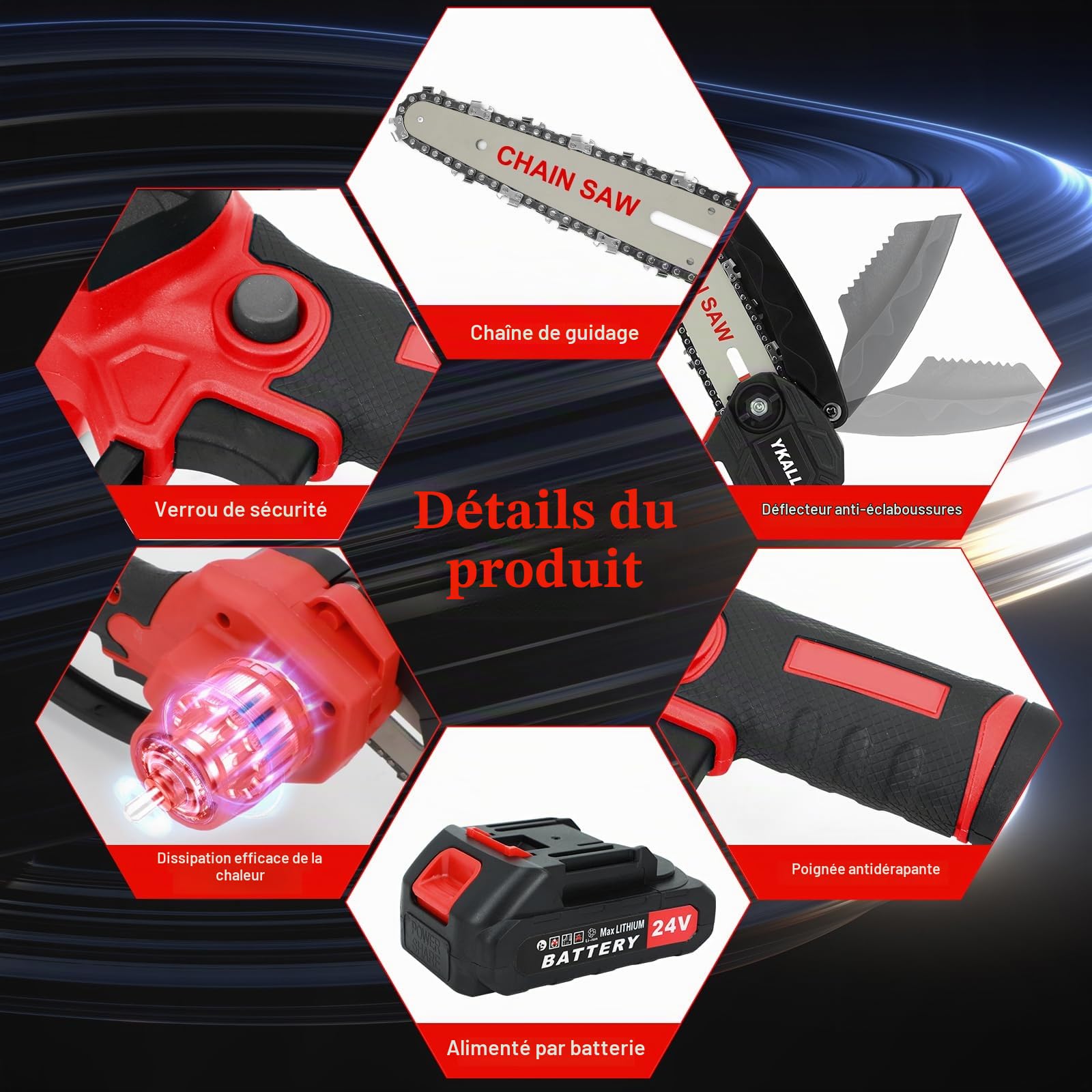 Mini Tronçonneuse 6 Pouces 24V – 2 Batteries & 2 Chaînes Incluses | Moteur Cuivre 550W, Coupe 15 cm en 6s. 2 Batteries 4000mAh pour 90 min D’autonomie.Idéale pour Jardin, élagage et Camping.