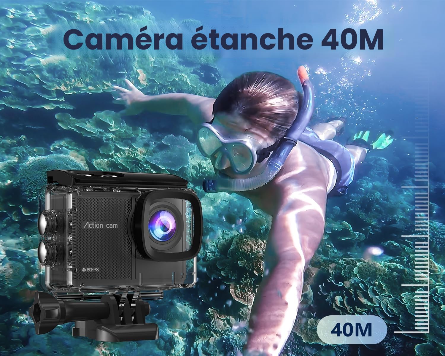 4K60FPS Caméra Sport 48MP Caméra d'action avec 128GB Carte,40M Caméras Étanche,EIS Caméra sous-Marine 170° avec WiFi Télécommande,2 * 1350 mAh Divers Accessoires