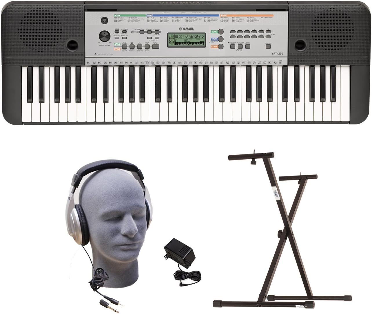 Yamaha YPT255 61-Key Keyboard Pack with Headphones, Power Supply, and Secure Bolt-On Stand