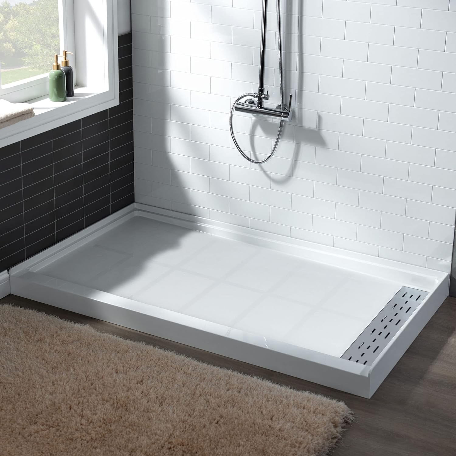 WOODBRIDGE Solid Surface Shower Base with Recessed Trench Side Including Chrome Linear Drain Cover L x W x H, 60"L x 34"Wx 4"H,Center Drain,White Color