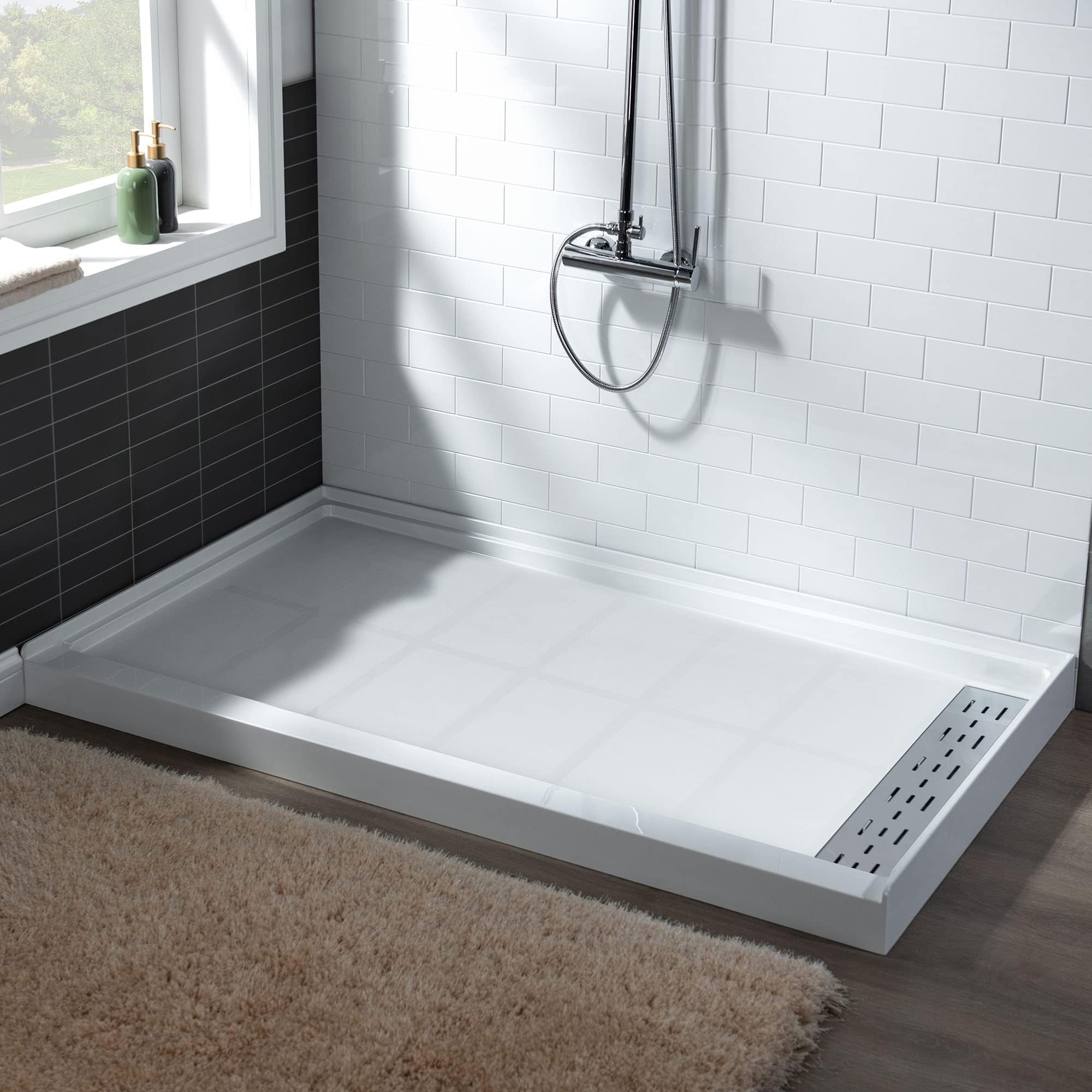 WOODBRIDGE 60"L x 34" W x 4"H Shower Base,Right Drain,Non-Slip Single Threshold Shower Pan, Solid Surface with Chrome Linear Drain Cover