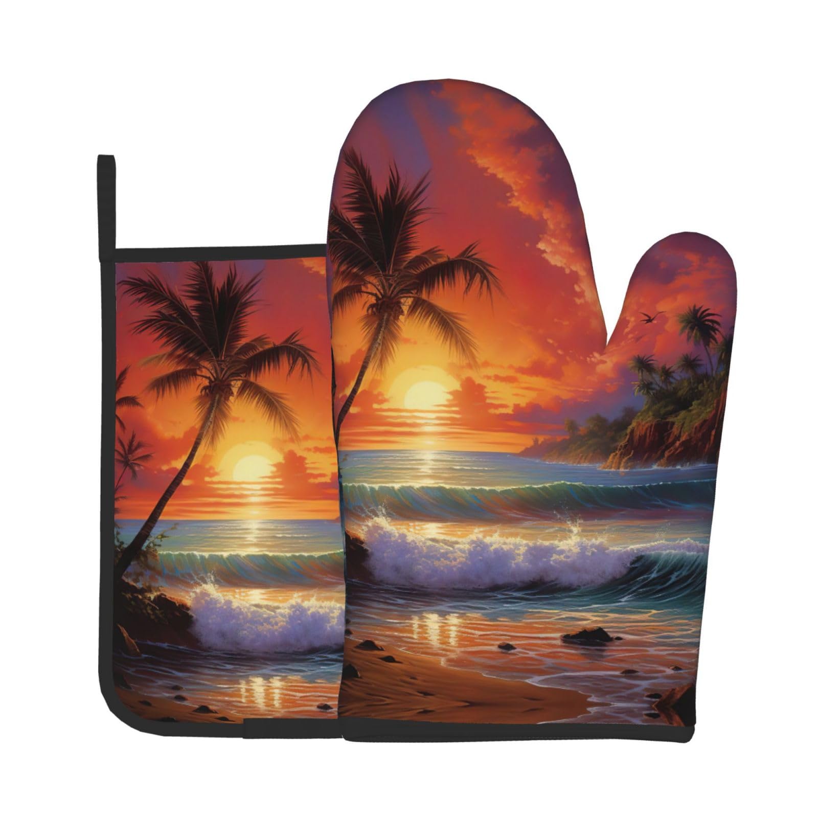 Tropical Sunset Kitchen Baking Two-Piece Set,Multipurpose Oven Gloves,Used for Barbecue Kitchen Baking