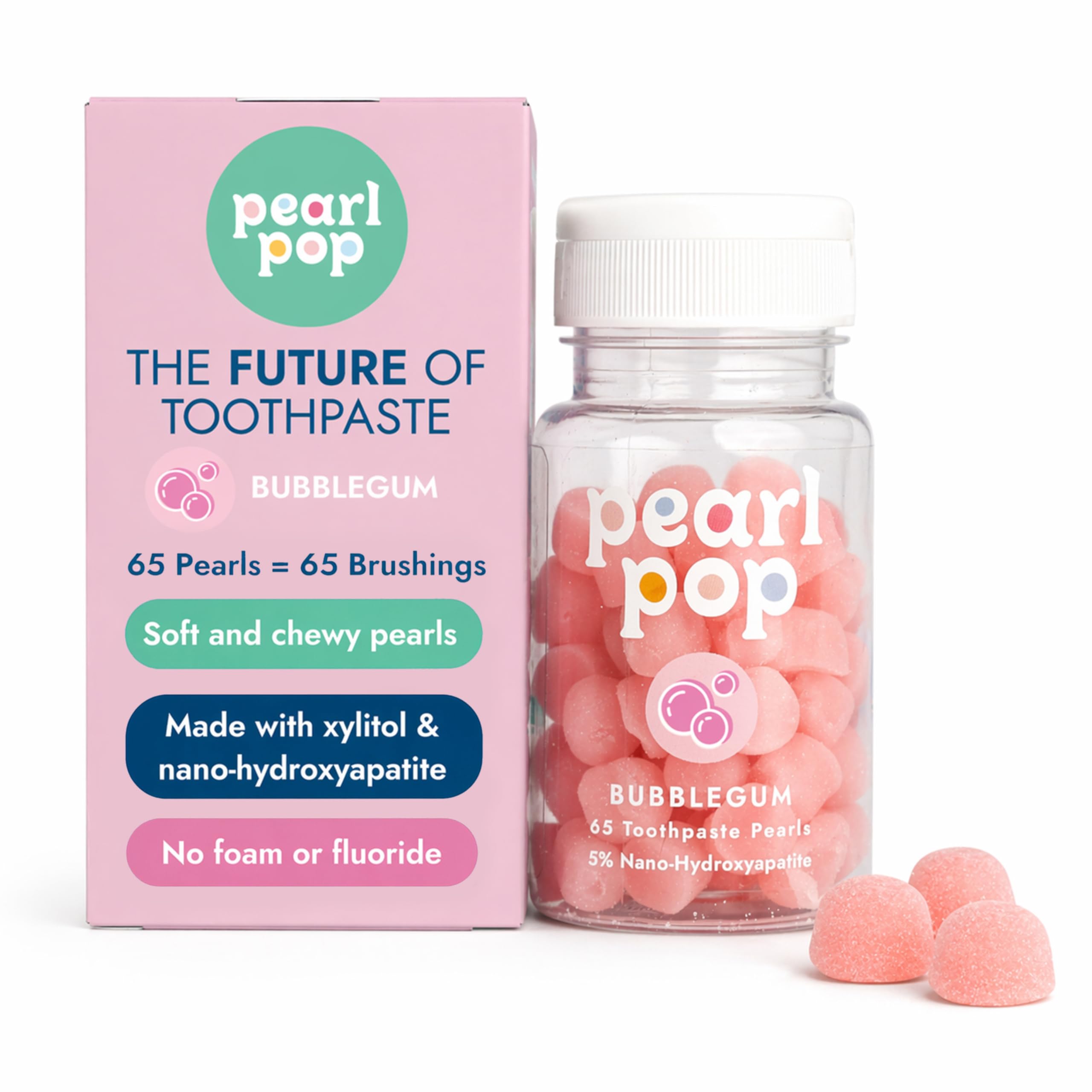 Perlas de pasta de dientes (65 unidades) – Sabor chicle – Suave y masticable. Perlas sin desorden, fáciles de viajar, para niños y adultos, sin flúor, hechas con 5% de nano-hidroxiapatita y