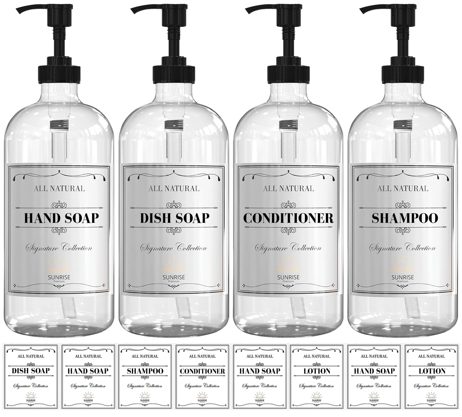Sunrise Premium CGPP4 - Dispenser di sapone in vetro trasparente con pompa in plastica, dispenser per sapone per mani e piatti, per bagno, con 4 etichette impermeabili, confezione da 4