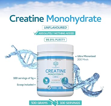 Creatine Monohydrate Powder - 500g (100 Servings) | Ultra Micronized 200 Mesh for Superior Absorption | Pure & Unflavoured | for Muscle Strength & Recovery - Absolutely Nothing Added, Vegan & UK Made