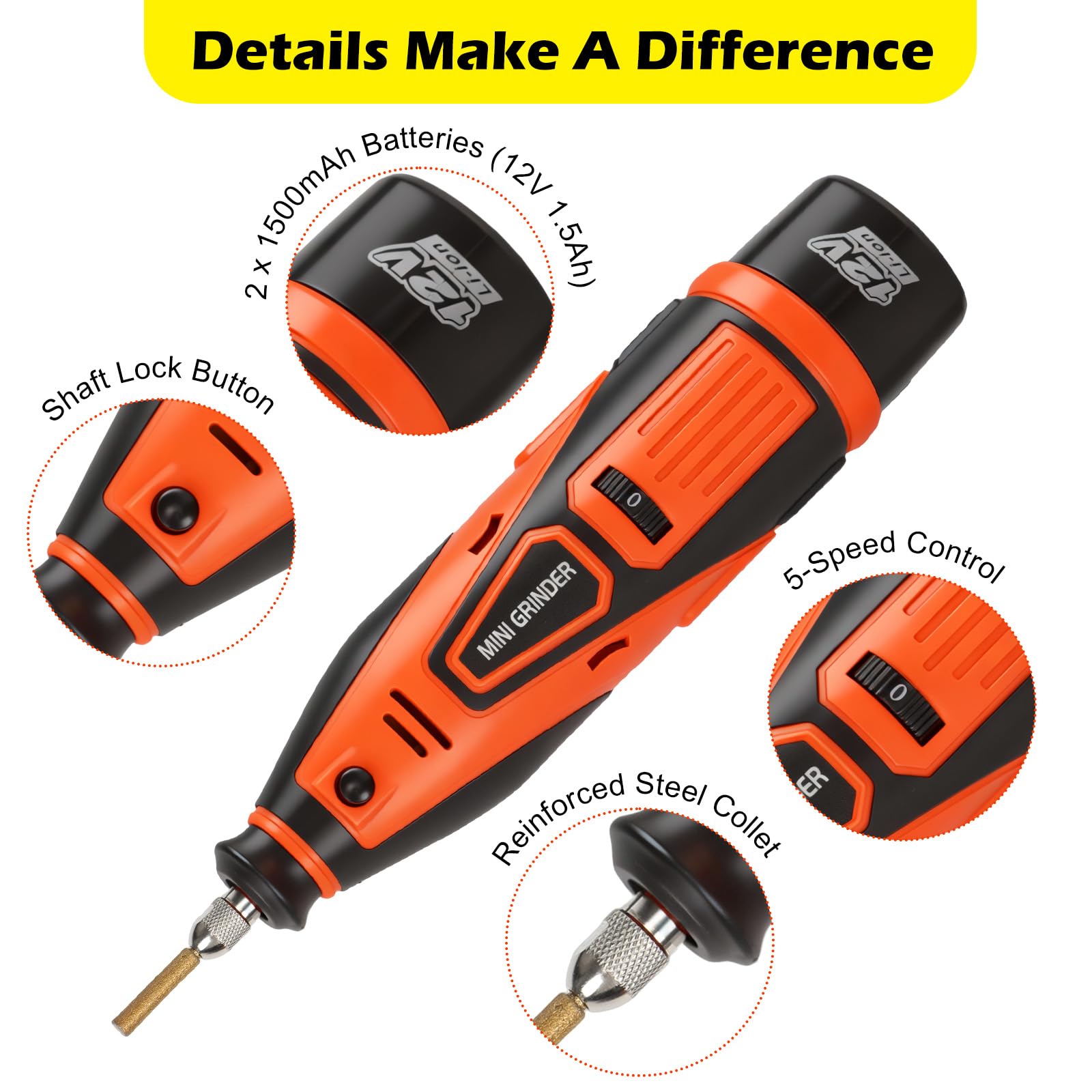 WIOR Kit de afilador de motosierra inalámbrico con puntas de diamante recubiertas de titanio, herramienta afiladora eléctrica de 12 V, 2 baterías, 6 ruedas de afilado de alta dureza, fijación en