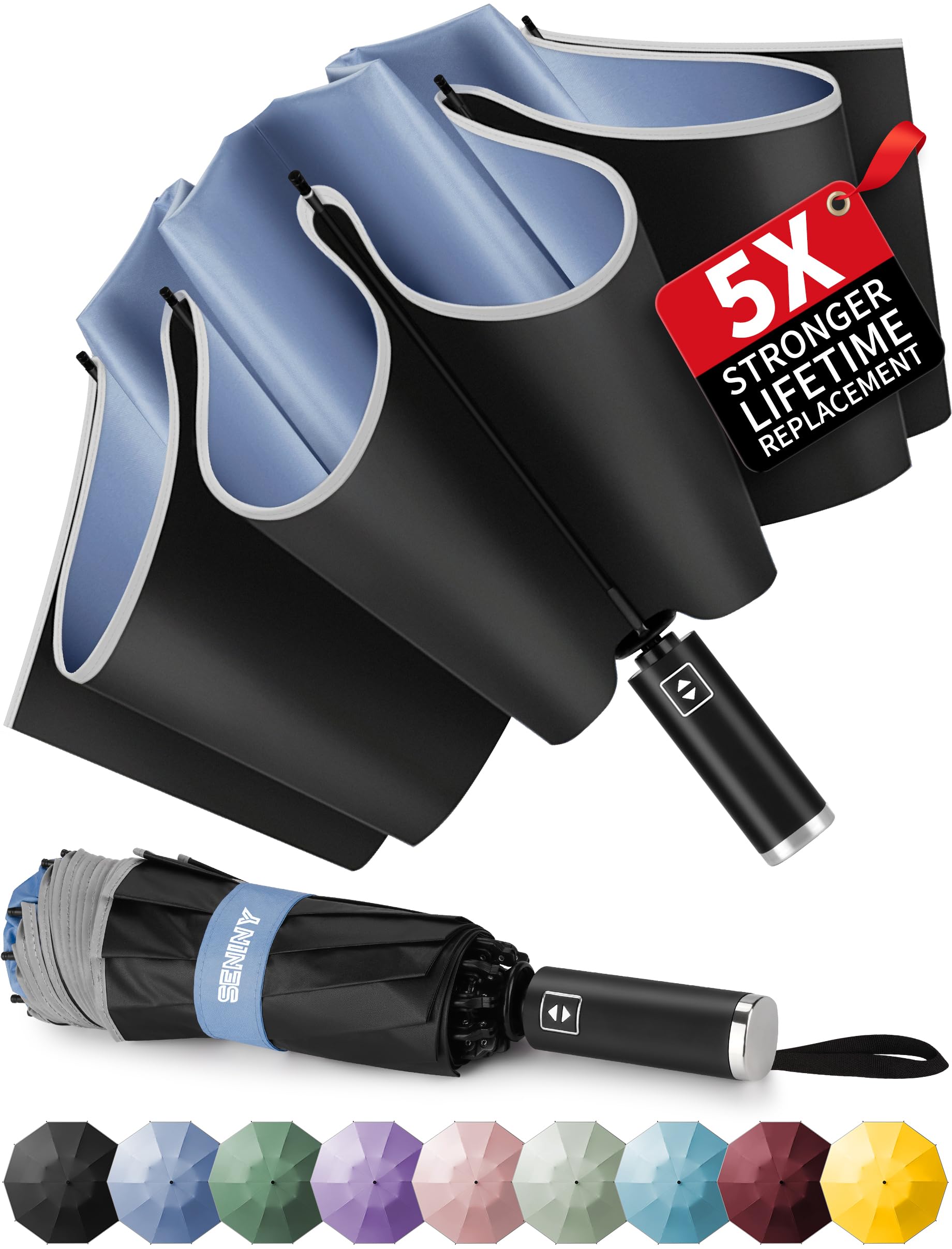 Seniny Inverted Travel Umbrella, Automatic Umbrellas for Rain, Windproof Compact Umbrella with Reflective Stripe, Folding UV Umbrella Sun Umbrella,