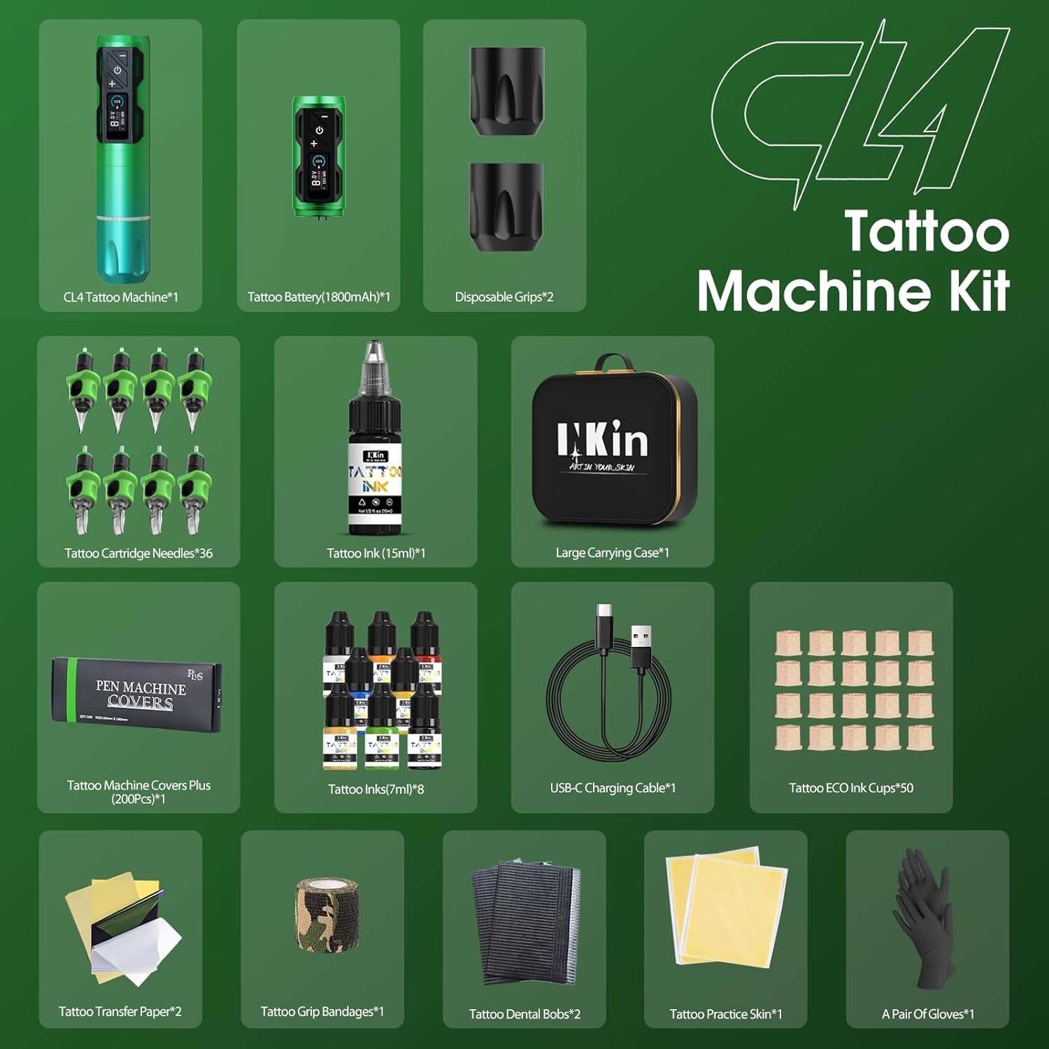 INKin Tattoo Gun Kit for Beginners, CL4 Wireless Tattoo Machine with 4.0mm Stroke and 2Pcs 1800mAh Power, Tattoo Kit Complete with 56Pcs Tattoo Needles and 9Pcs Ink, Smooth and Quiet for Tattoo Artist