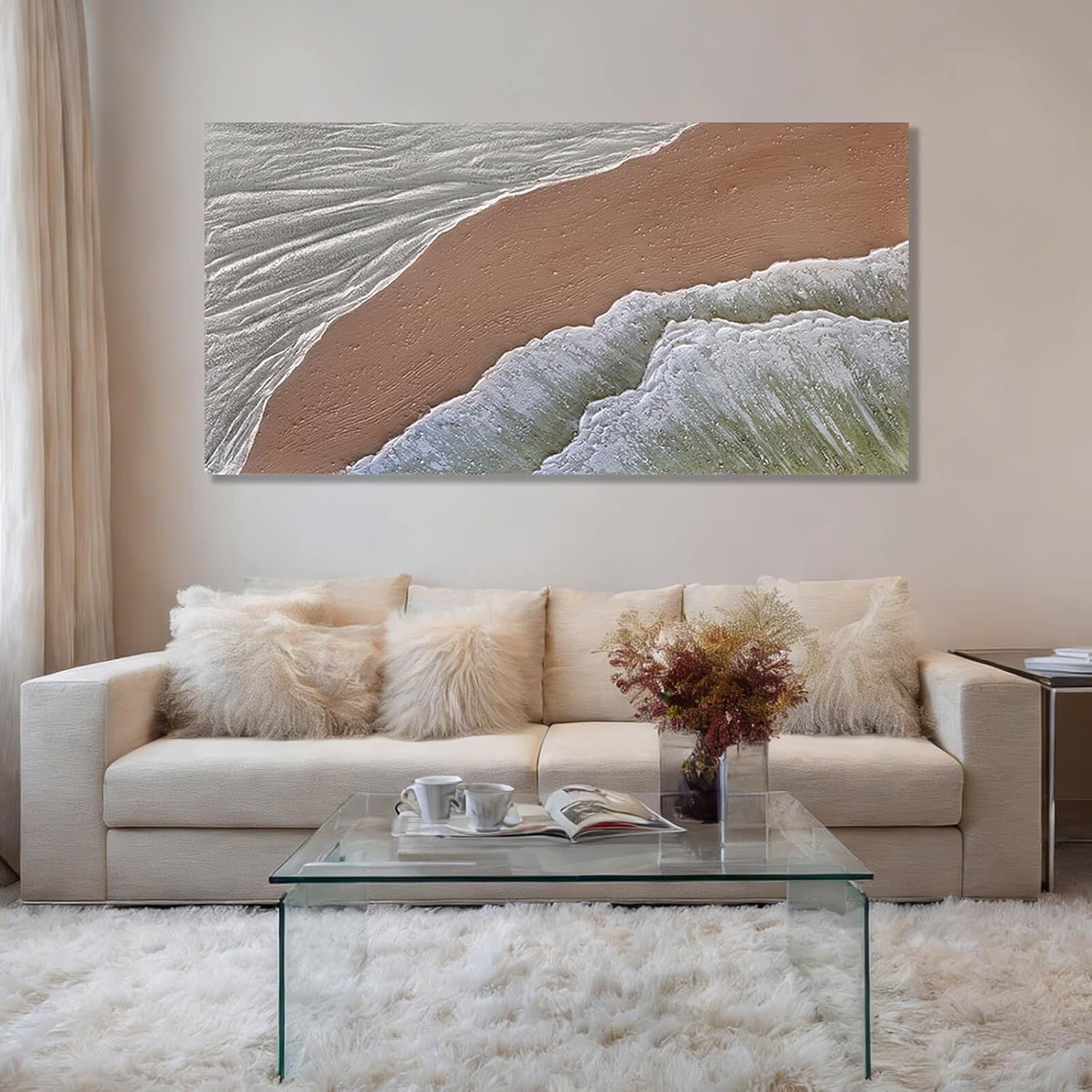 White Ocean Wave Wall Art Decor Neutral Art Beach Canvas Painting Green Pictures Wall Decor Framed Artwork for Living Room Home Office 24"x 48"
