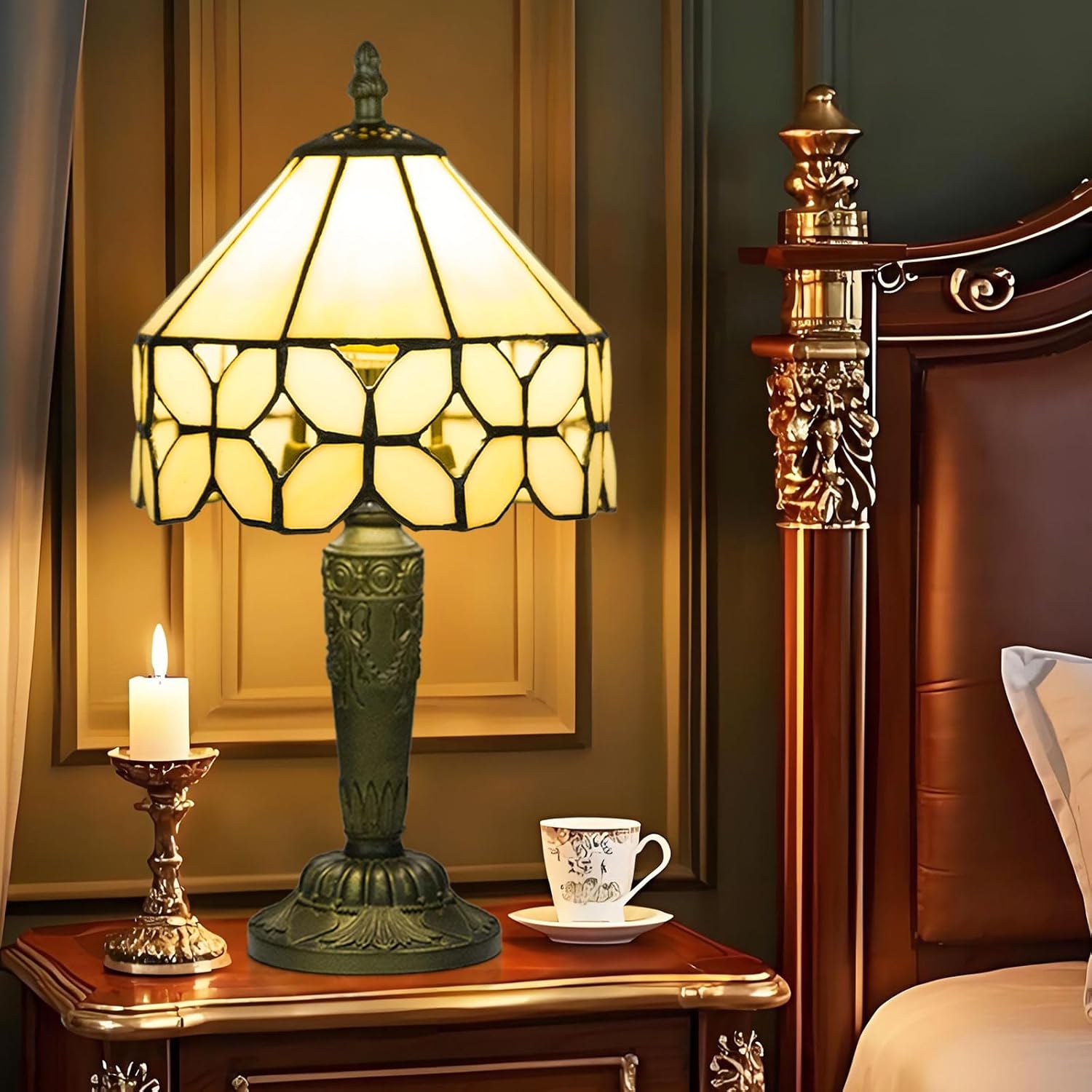 Small Tiffany Style Stained Glass Table Lamp, 8 Inch Antique Handcrafted Desk Light for Bedside Living Room Bedroom Reding Office Home, 3 Color Temperatures Dimmable E26 Bulb