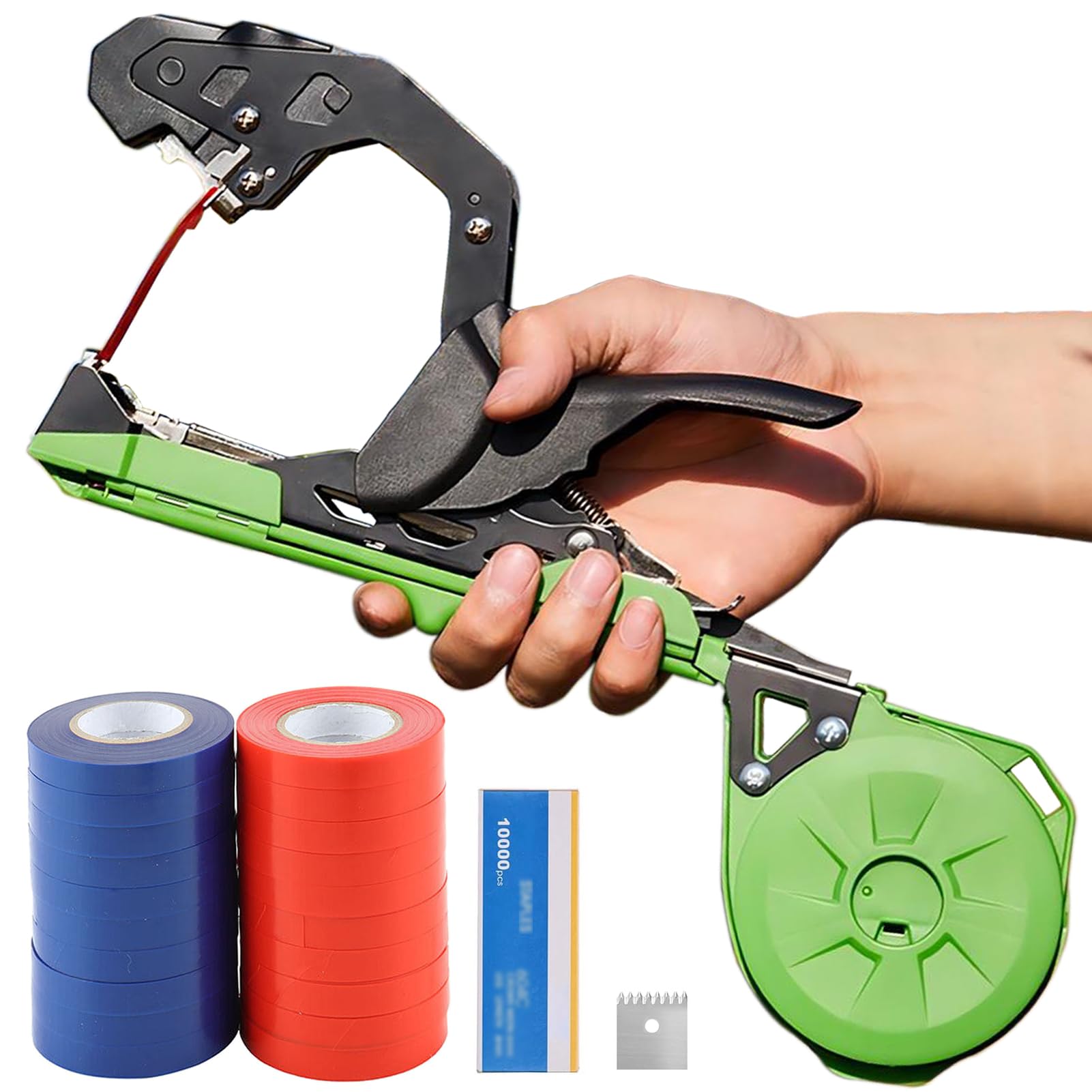 PATILWON Plant Tying Machine with Green Tape - Lightweight Plant Tie Tool for Vine Plants, Includes Staples, Blades, and 20 Rolls of Elastic Tape for Gardening