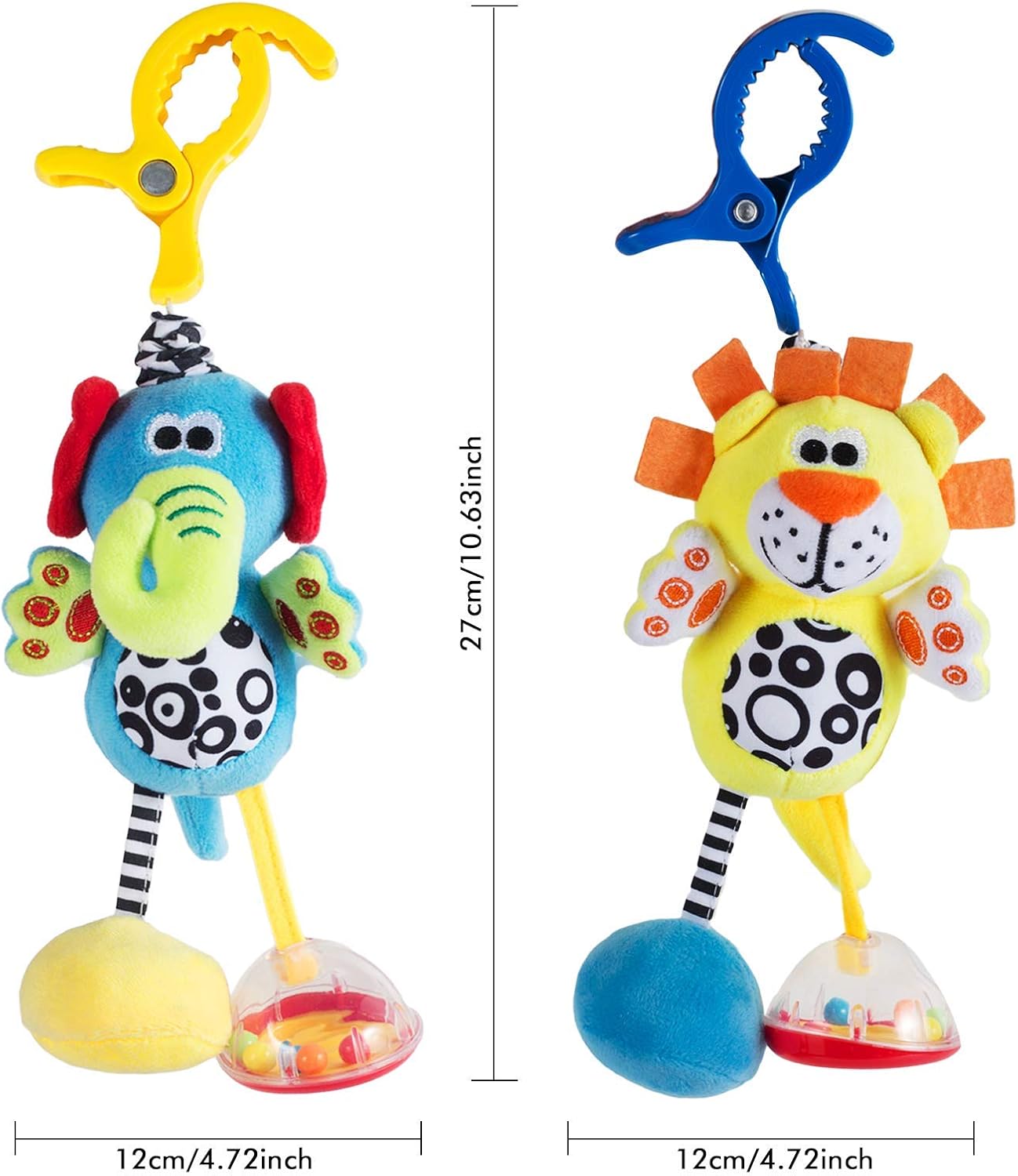 Raneylity - 2 Pack Colorful Animal Rattle Toys for Babies with Sound - Baby Hanging Plush Toy Clip on Pram, Pushchair, Crib, Car Seat - Infants Sensory Toys for 3~12 Months Old Boys and Girls : Toys & Games