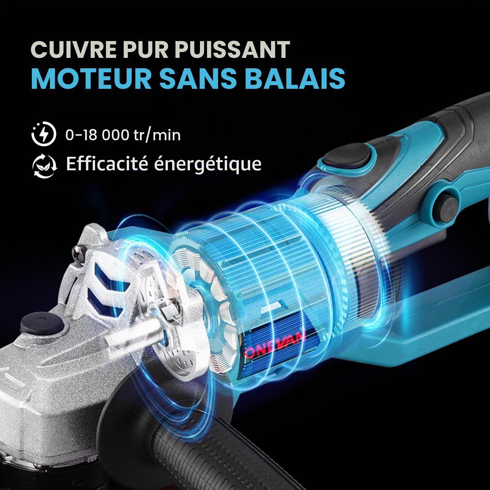 ONEVAN Meuleuse d'angle sans fil 125mm 2 batteries 3.0Ah, rotative 180°
