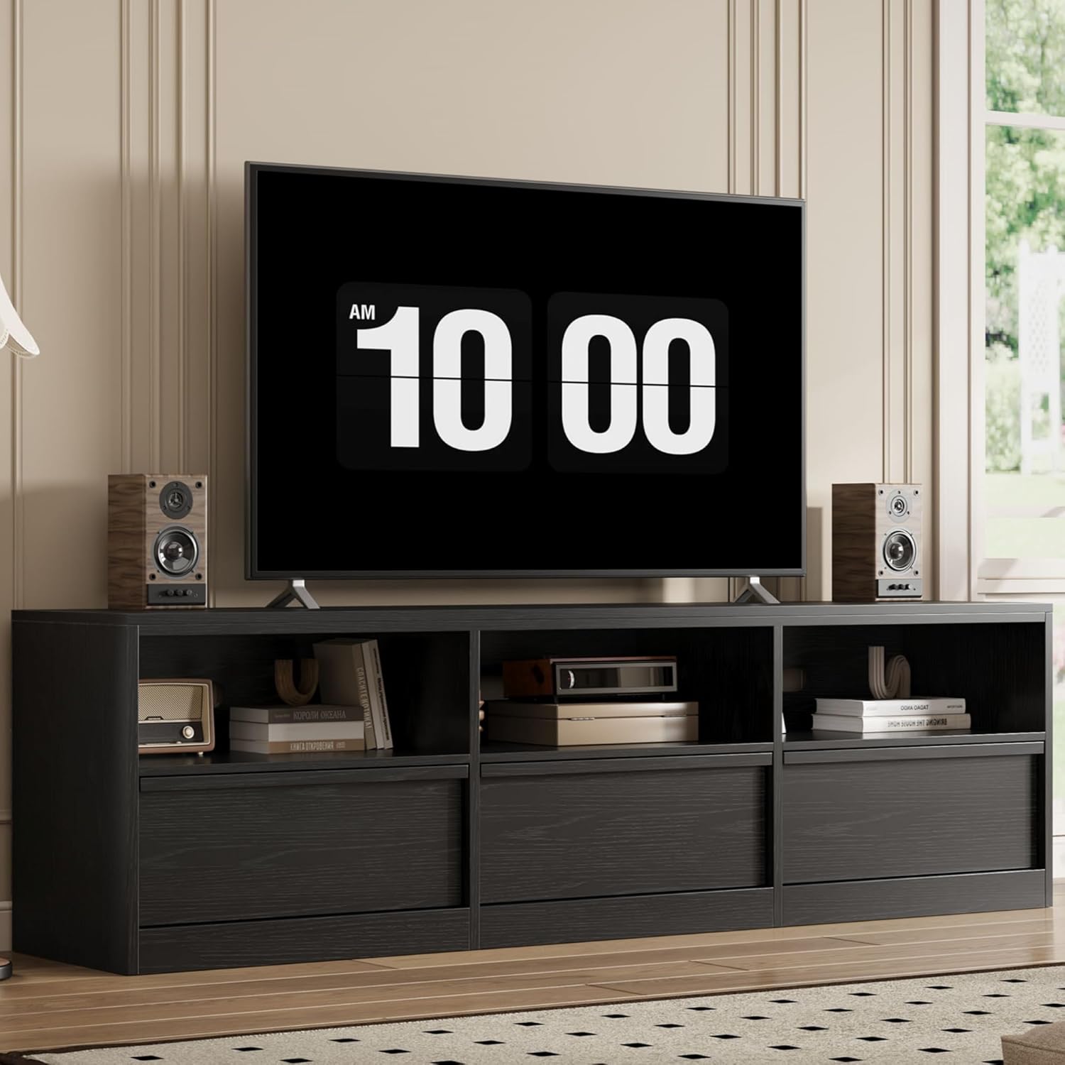 IDEALHOUSE 70 inch TV Stand for 80" TVs, Mid Century Modern Entertainment Center with Storage Drawer & Open Shelves, Wood Media Console Cabinet for Living Room/Bedroom, Black