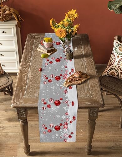 Miniatura 6 de Camino de mesa de bolas de Navidad rojas  72 pulgadas de largo, copo de nieve de invierno, mezcla de algodón y lino, bufandas de vestir de granja