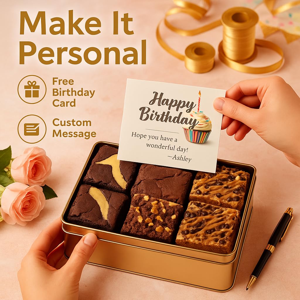 Birthday Gift Basket for Women - 18 Individually Wrapped Brownies Freshly Baked in a Variety of Flavors - Dulcet's Signature Flavored Fudge Brownies - Gift Box Comes with Happy Birthday Card