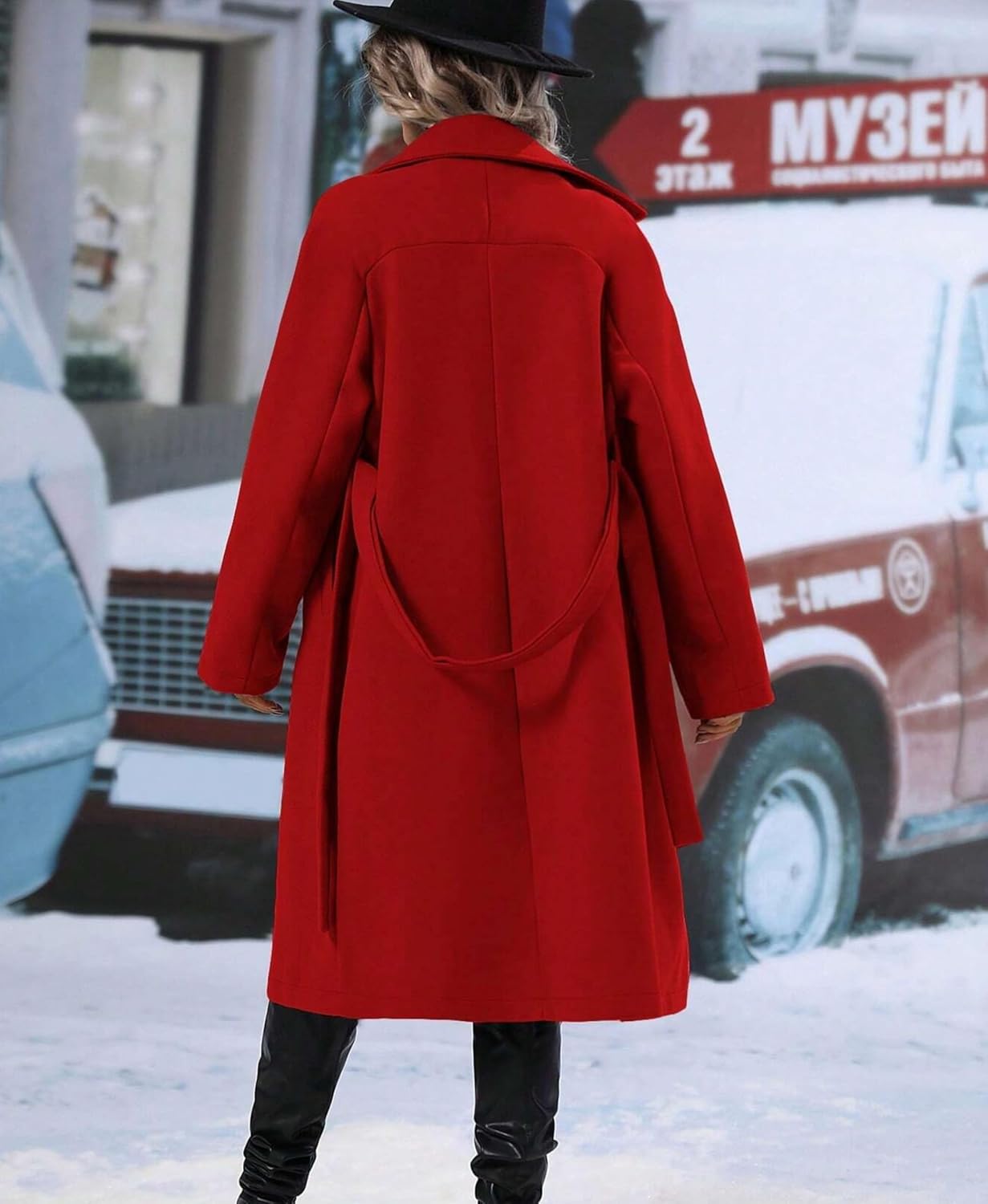 OPCAKM Women's Winter Wool Blend Pea Coat Double Breasted Notch Lapel Long Trench Coat - Image 5