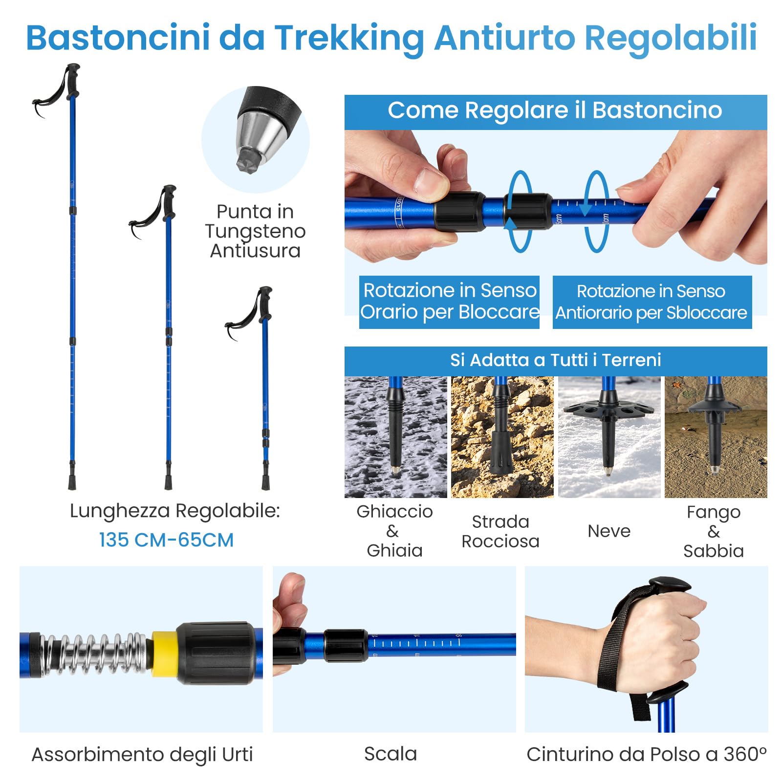 GYMAX Set Ciaspole da Neve, Racchette da Neve in Leghe di Alluminio con Bastoni da Trekking Regolabile e Borsa Impermeabile, Ideali per Donne Uomini e Bambini, Gamma di Peso 30-130 kg