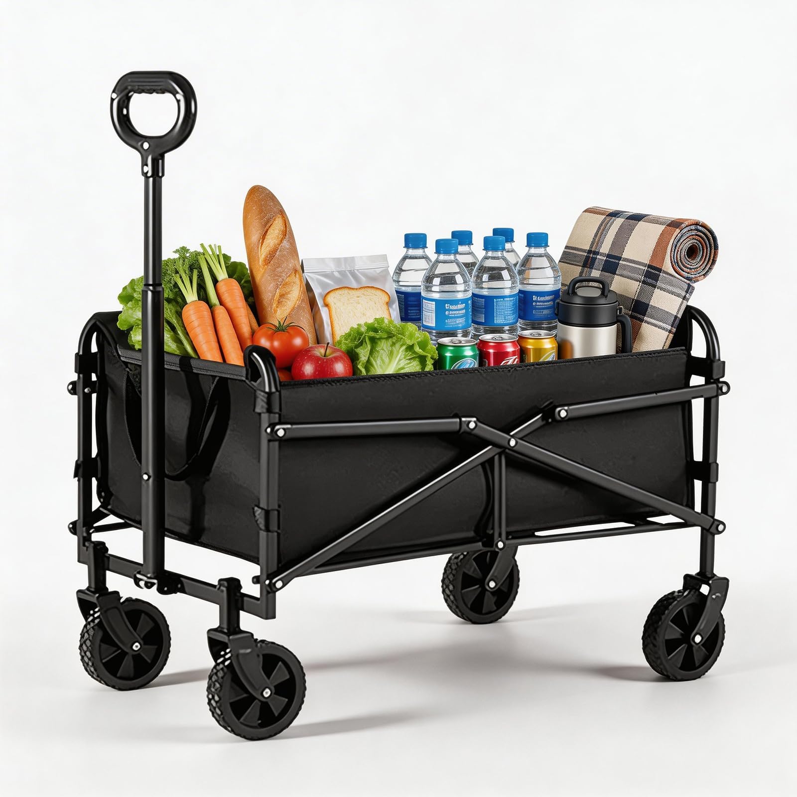 Festival Trolley Folding Cart, Heavy Duty Collapsible Wagon with Wide Wheels, Camping Beach Garden Trolley for Outdoor Fishing Picnic Sports, Washable Cloth Black (Large 90L)