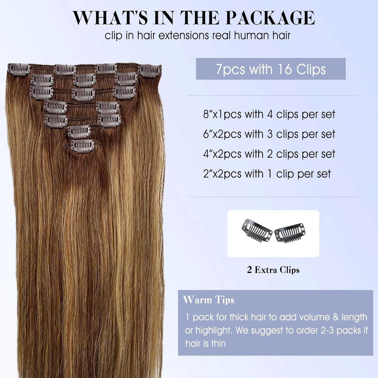 Clip in Hair Extensions Real Human Hair, 14 Inch 100% Remy Seamless Straight Clip ins for Women, Balayage Chocolate Brown to Caramel Blonde 7pcs 120g, Thick & Soft, Long-lasting Natural Look