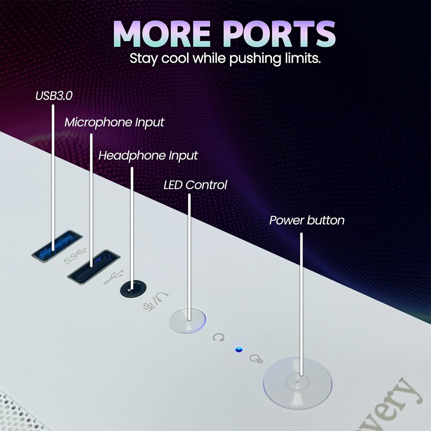 Spredaj view of the suevery Gaming Desktop Computer showing front panel ports and buttons