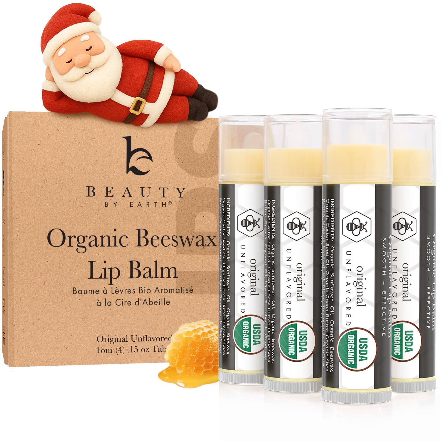 Organic Lip Balm - Made with Natural Ingredients, Mens Stocking Stuffers, 4 Pack Unflavored Chapstick Moisturizer for Dry, Cracked, Chapped Lips, Self Care Gift Ideas for Women, Men, Mom & Teens