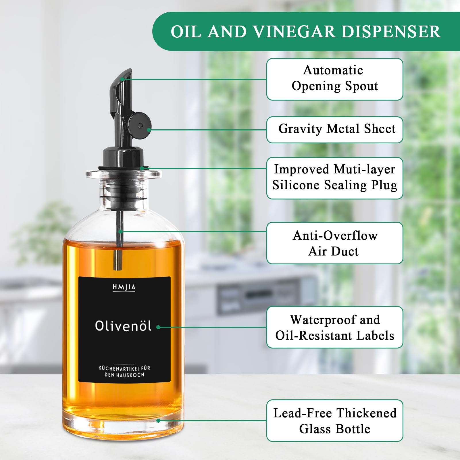 Bottiglie Olio D'Oliva 500ml Vetro - 2 Pezzi Verde Con Beccuccio Antigoccia E Etichette Per Cucina - Foto 13