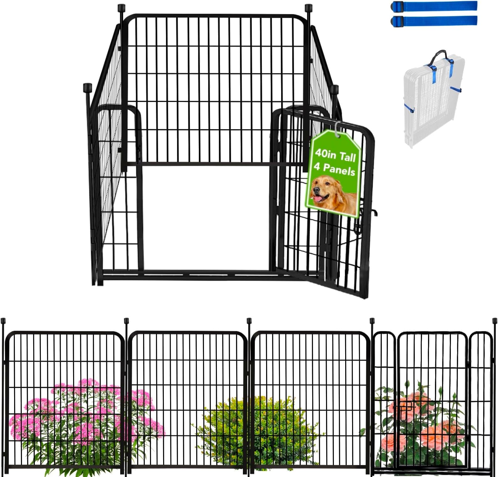 ADAVIN Tall Garden Fence with Gate,40 in(H) 4 Panels Animal Barrier Fence, Black Heavy Duty Iron Metal Fencing Border, Indoor or Outdoor Dog Playpen, No Dig RV Fencing for Yard. Total 9 FT(L)