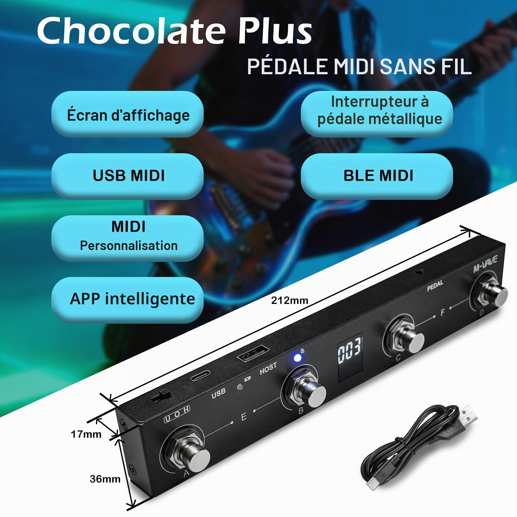 M-VAVE Chocolate Plus Contrôleur MIDI sans fil pour pied 4 boutons BT rechargeable, contrôle par application