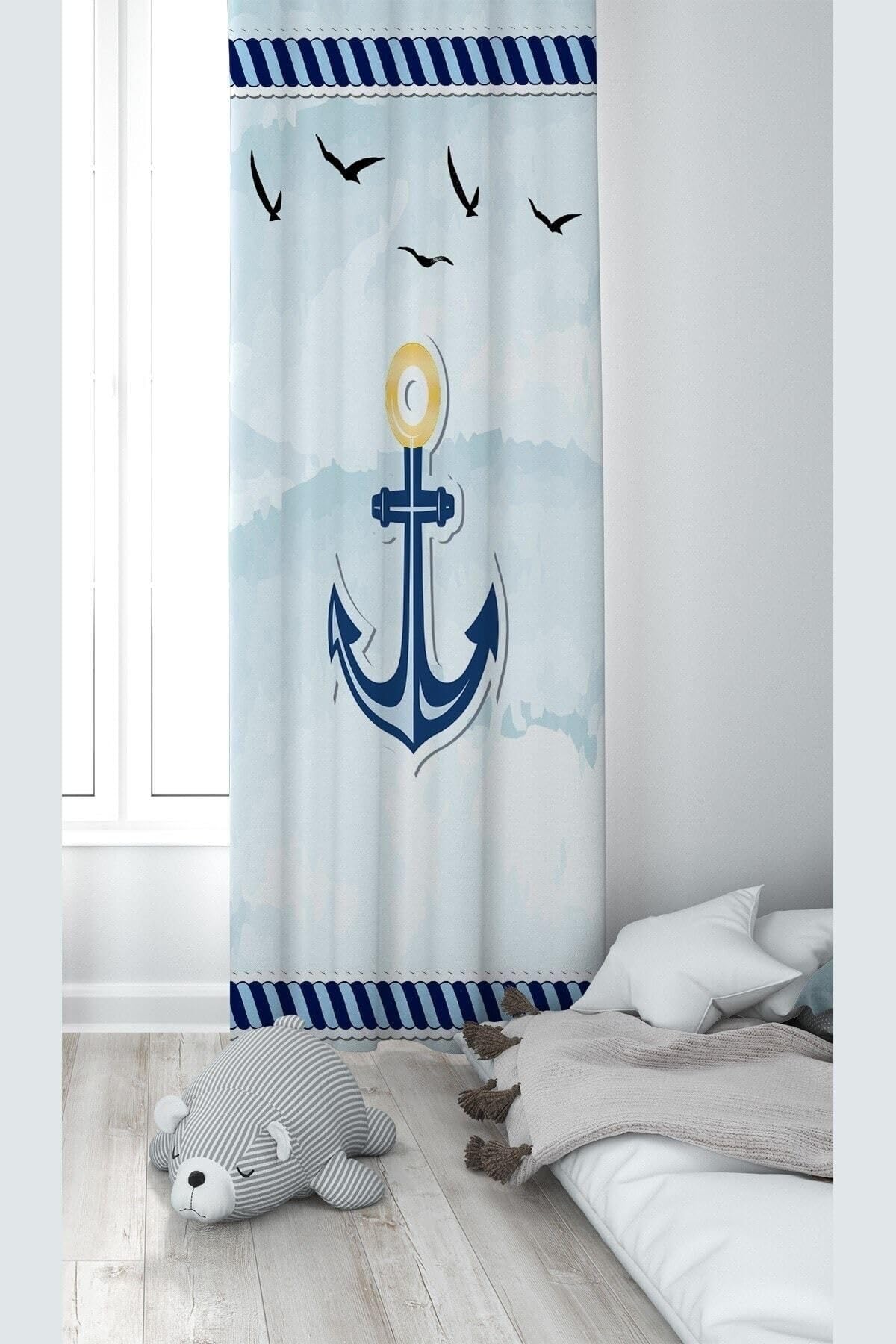Pelangi Mavi Gemici Çapa Desenli Dijital Baskı Yıkanabilir Bebek Çocuk Odası Fon Perdesi, mavi-beyaz 140 x 240
