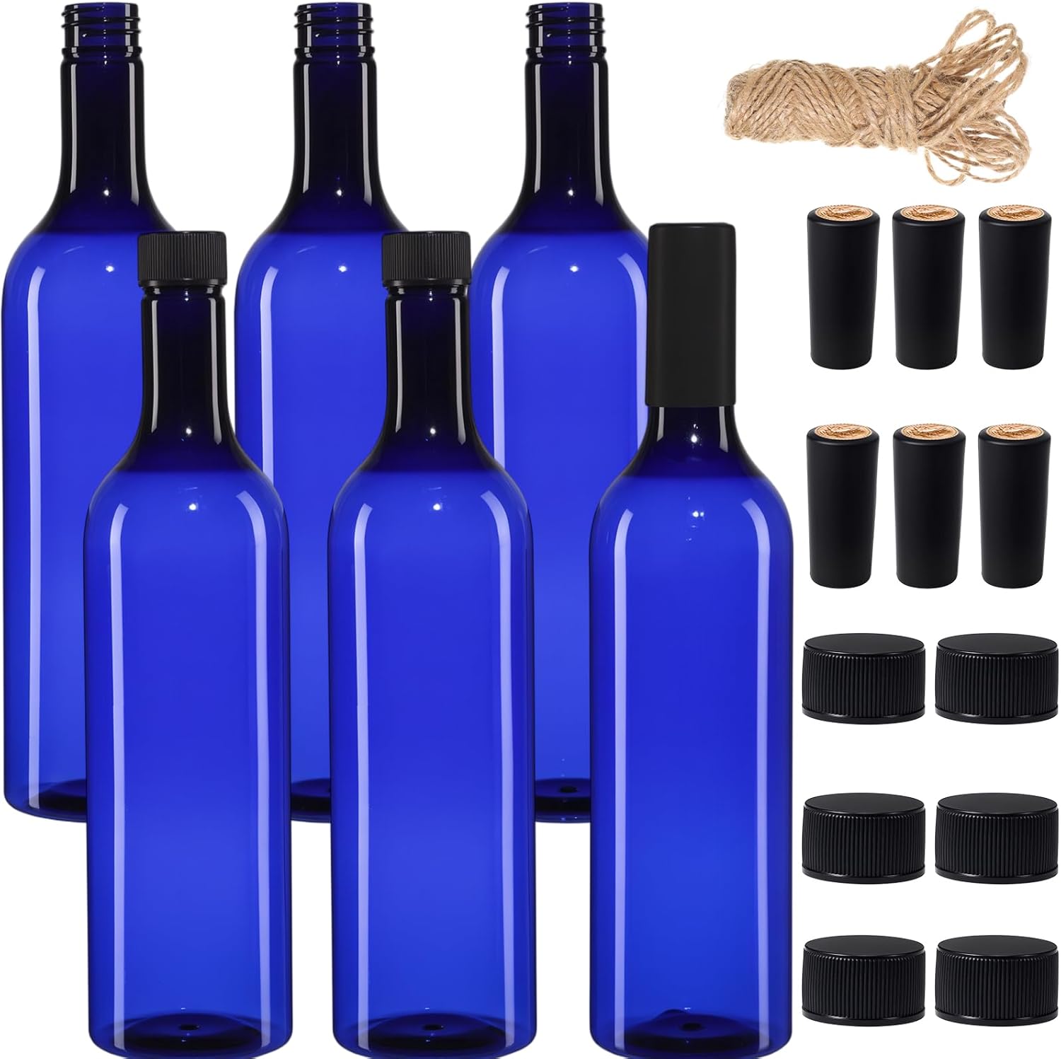 Potchen Plastic Blue Wine Bottles 750ml Empty Bordeaux Coquito Bottles with Screw Cap and Seal Rope for Wedding Centerpieces Bridal Shower Decorations Bottle Tree Wine Making Beverage Storage(6 Pack)