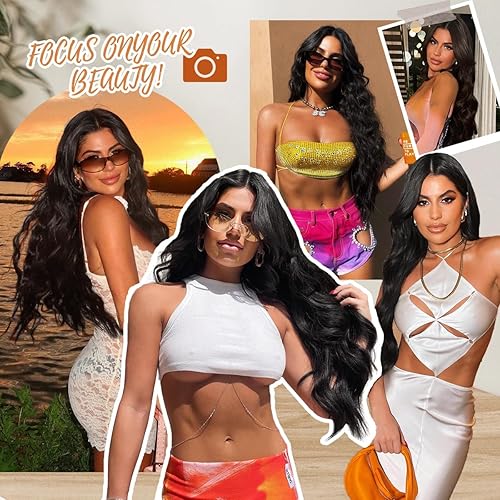 Miniatura 7 de Cetiq Peluca larga ondulada negra para mujer, de 26 pulgadas, parte media, rizada, ondulada, de aspecto natural, peluca de fibra sintética