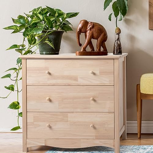 VINGLI Upgraged - Cómoda de 3 cajones sin terminar para dormitorio, de madera maciza natural, color bricolaje, cómoda de granja con amplios baúles