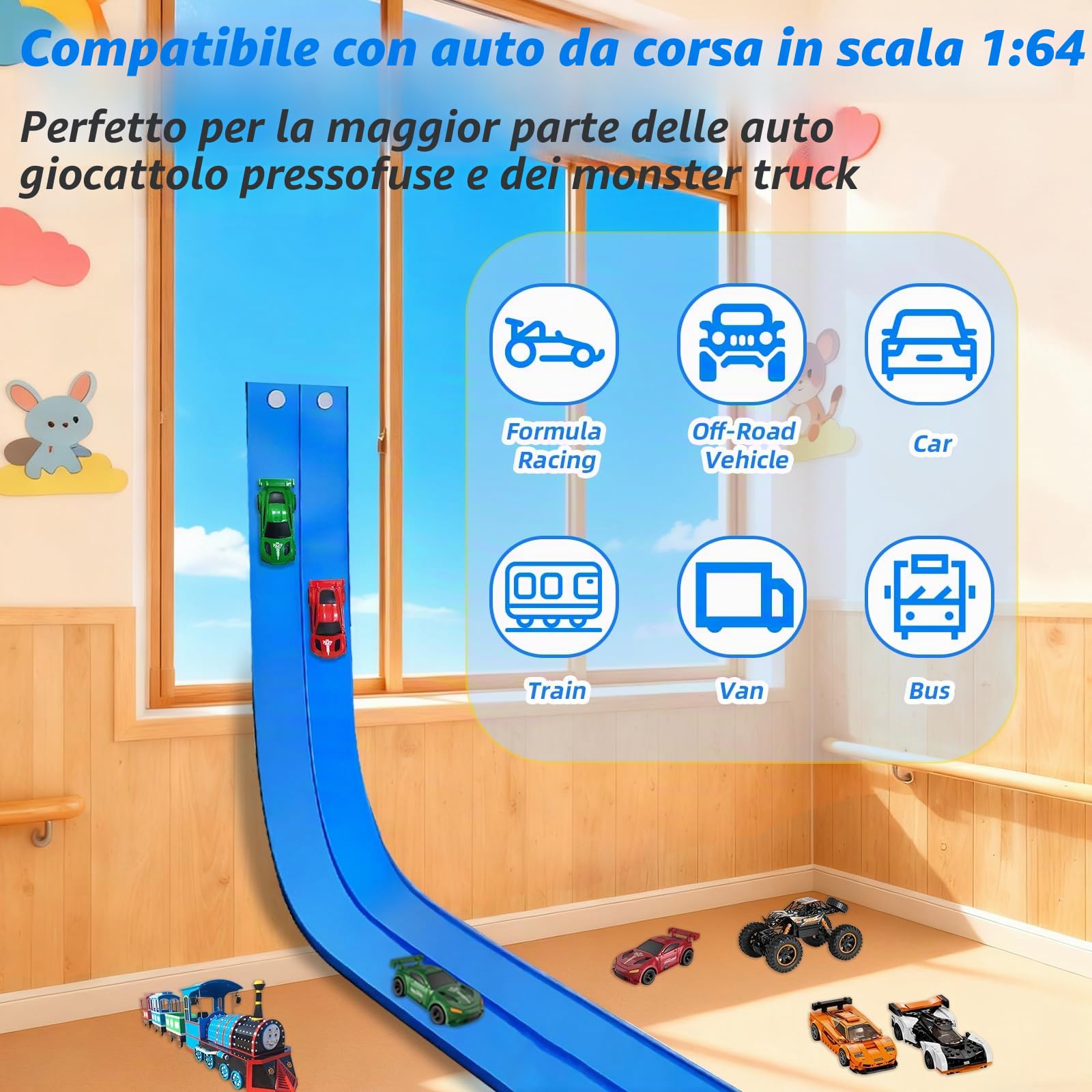 RedCrab Pista da Corsa Flessibile per Bambini, Lunga 5 m Pista da Corsa Flessibile con 4 Macchinine e 4 Ventose, Compatibile con Modellini di Auto Diecast in Scala 1:64