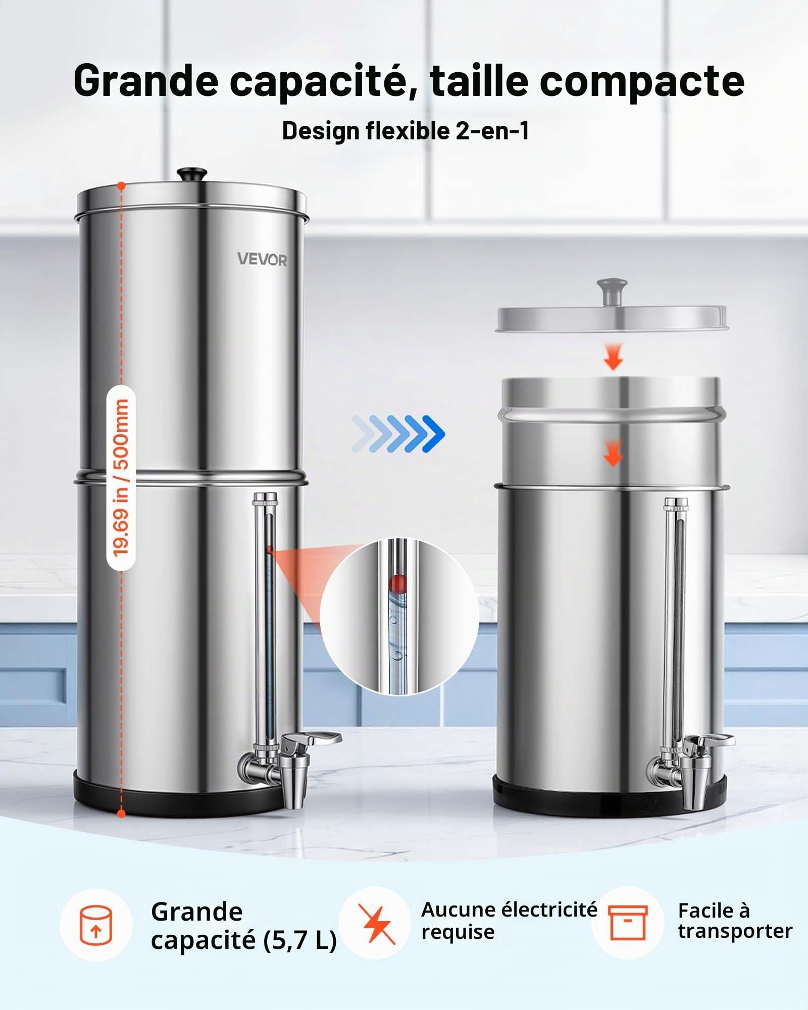 VEVOR Système de Filtration d'Eau par Gravité 5,68 L Filtre à Gravité Inox, Pour Camping, Fontaine Filtrante Réduction du Plomb et Jusqu'à 99% du Chlore, 2 Cartouches à Charbon, Jauge de Niveau d'Eau