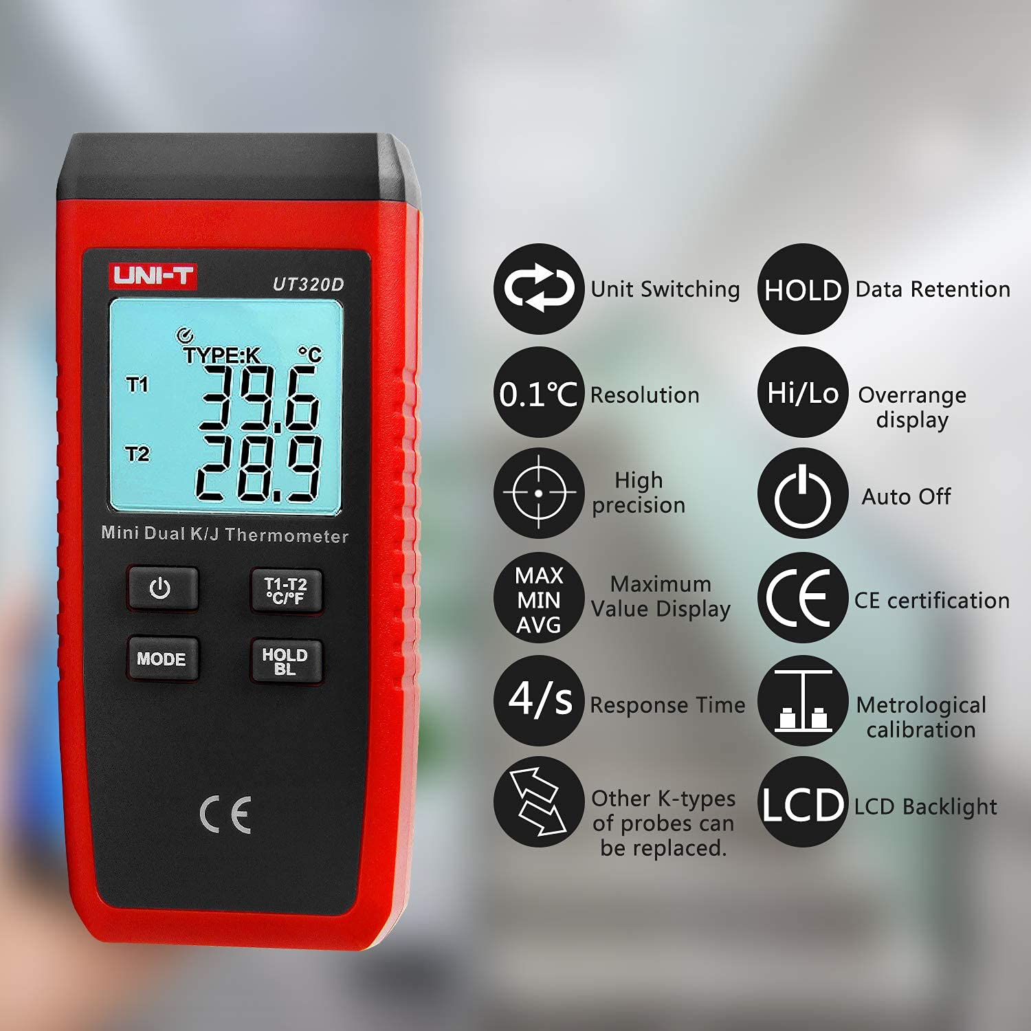 UT320D Mini Termometro Dual-channel K/J Termocoppia con retroilluminazione LCD