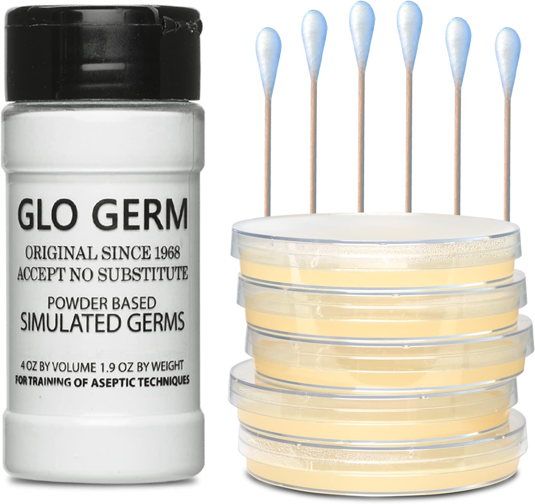 Glo Germ Powder & Prepoured Agar Plates Set – Evviva Sciences - 4 Ounce Glo Germ Powder – 5 Nutrient Agar Plates – Swabs Included – Great for Learning Biology