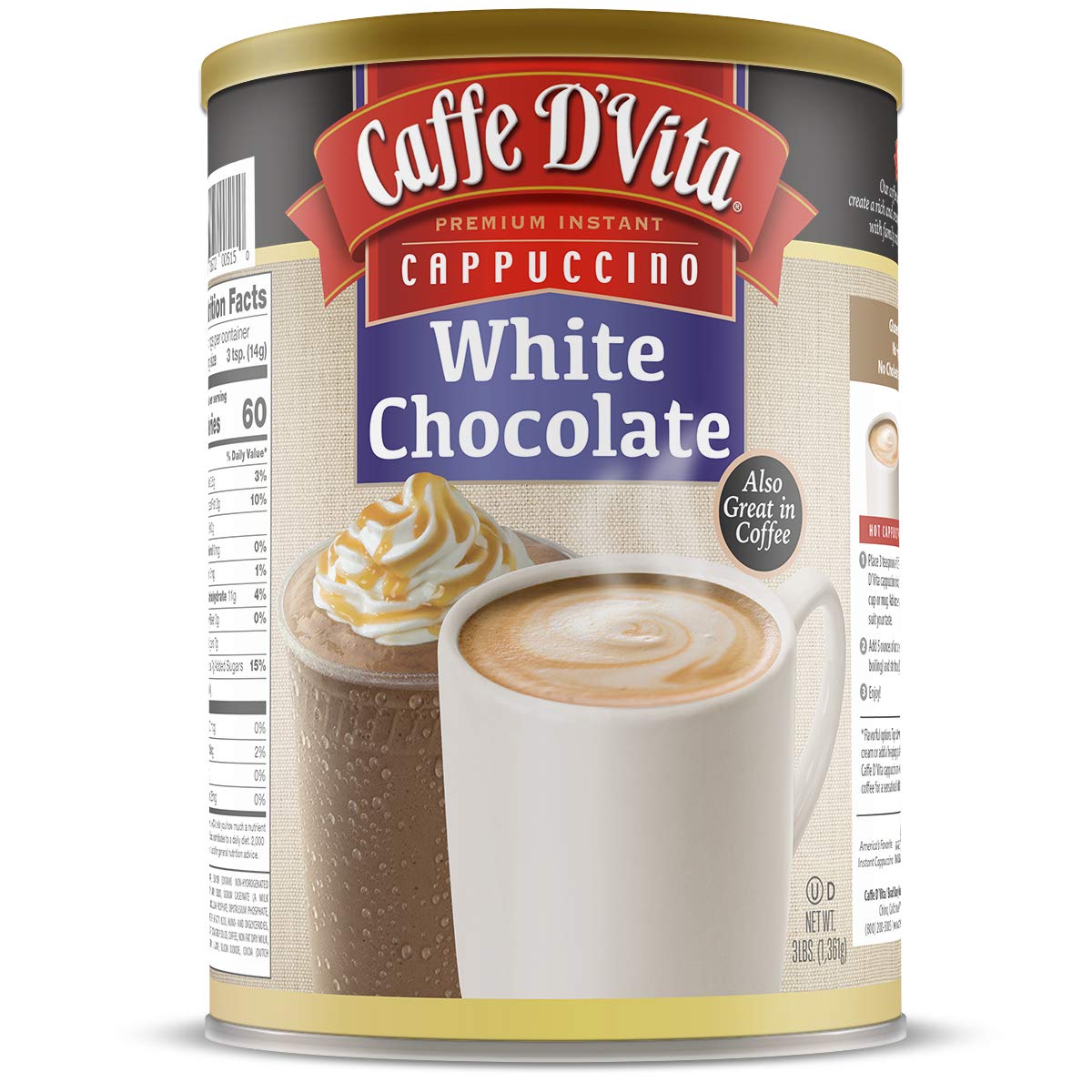 Caffe D'VitaWhite Chocolate Cappuccino Mix - White Chocolate Powder, Gluten Free, No Cholesterol, No Hydrogenated Oils, No Trans Fat, 99% Caffeine Free, Instant Cappuccino Mix - 3 Lb Can
