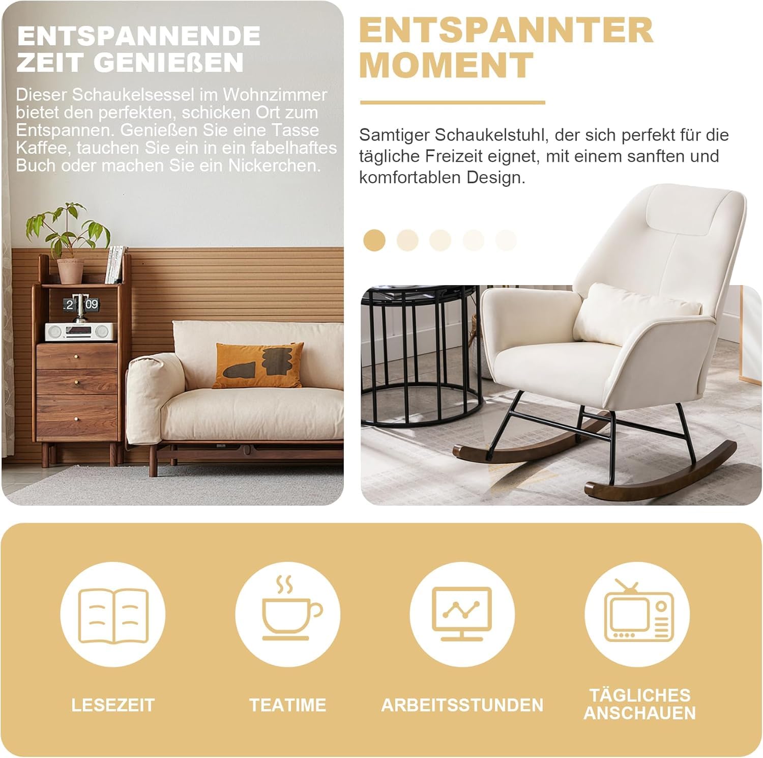 Schaukelstuhl Schaukelsessel Samt Sessel Wohnzimmer mit verdickte Kopfstütze und Holzsockel Moderne Polstersessel Relaxstuhl für Schlafzimmer Kinderzimmer Hotel Beige